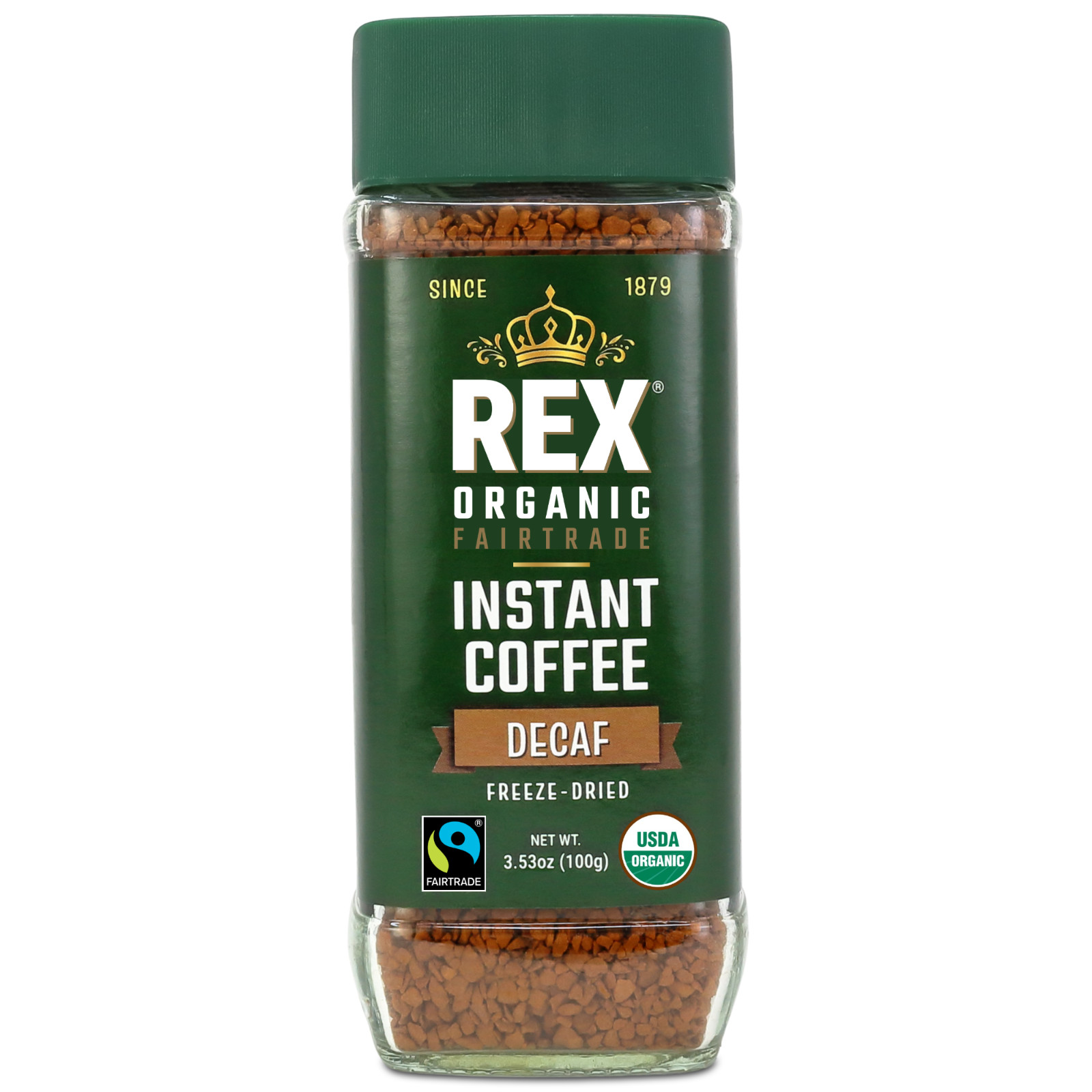 Rex Coffee Organic Fairtrade Natural Decaf Freeze-Dried Instant Arabica 3.53 oz