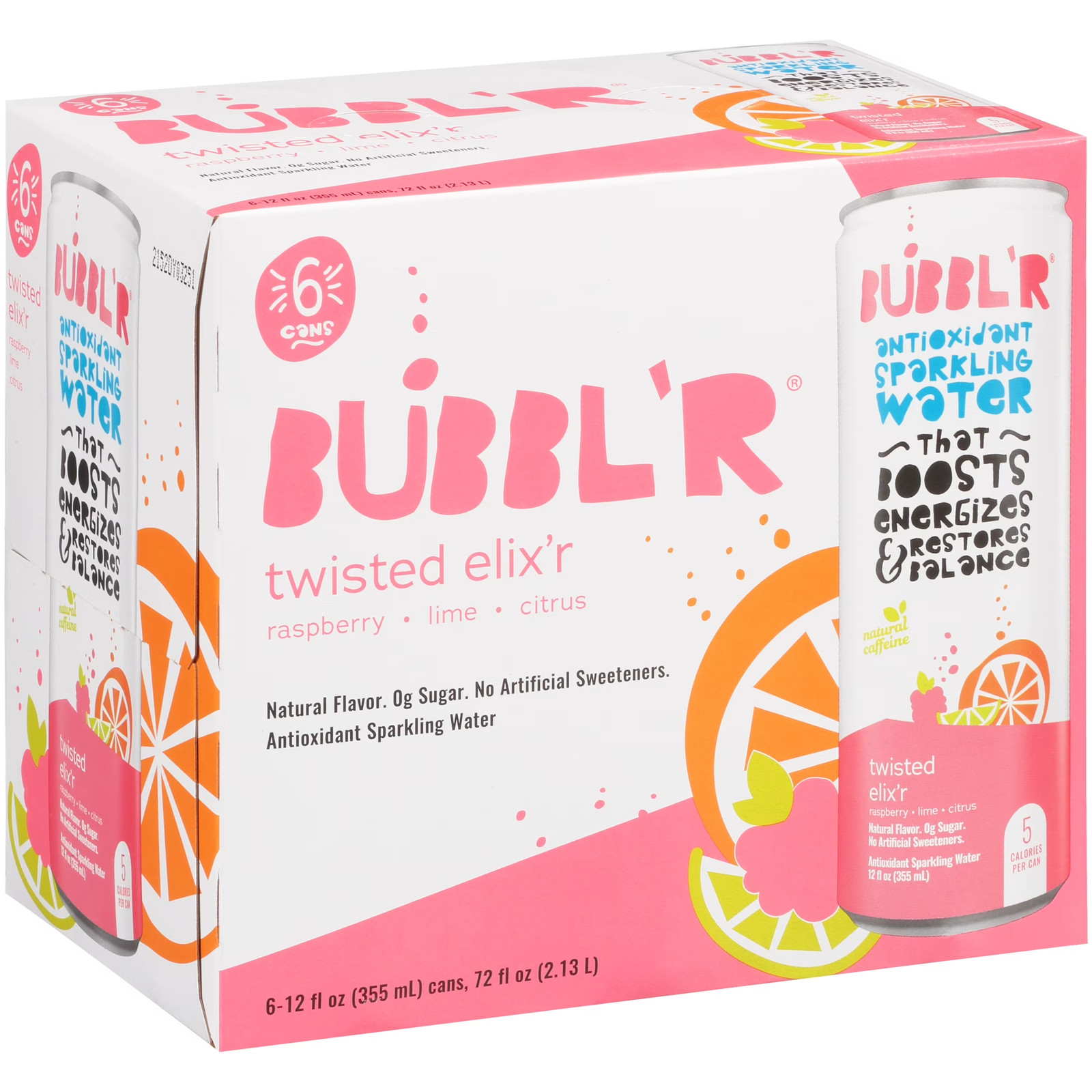 BUBBL’R Antioxidant Sparkling Water, Twisted Elix’R, 12 Fl Oz, 6 Pack Cans