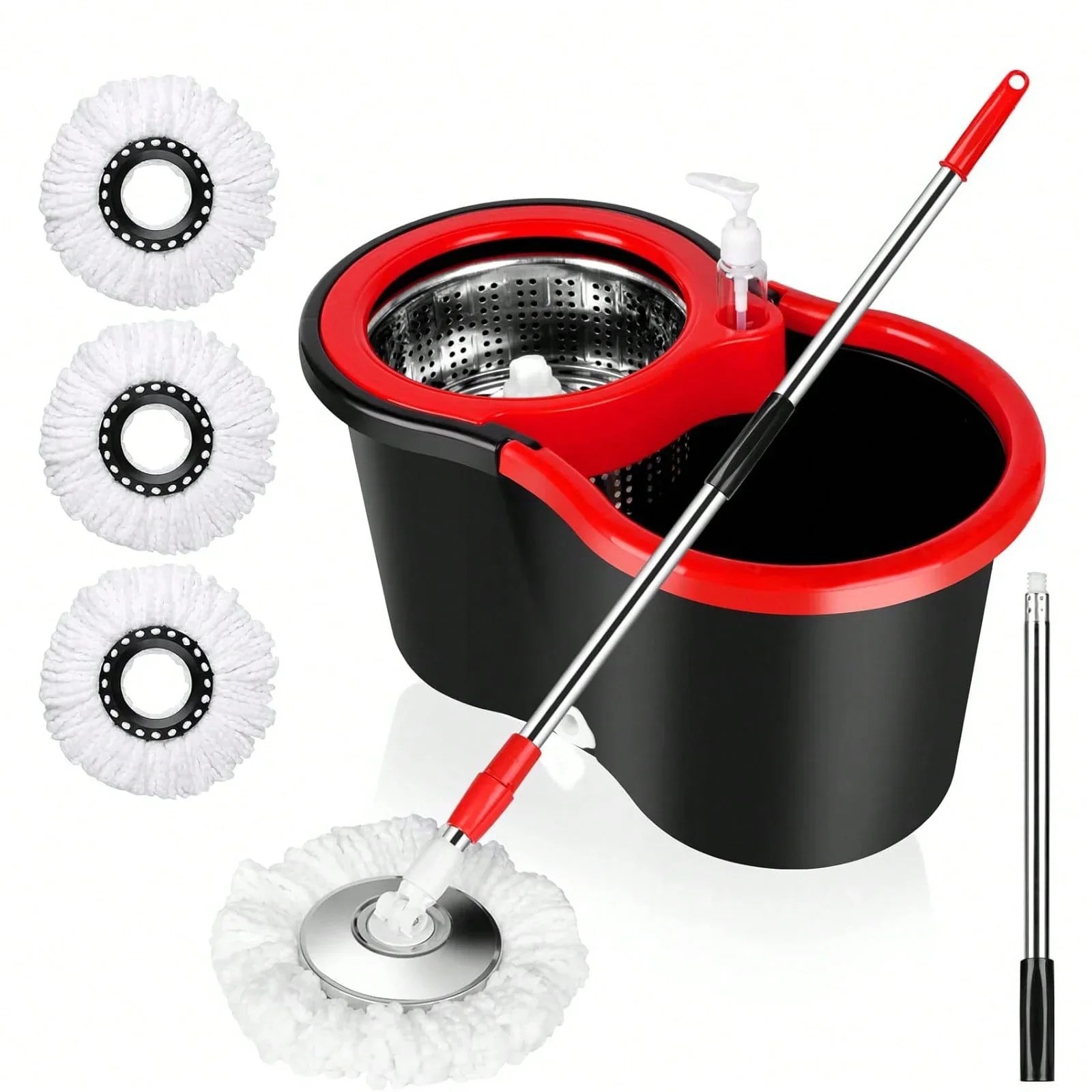 360° Rotating Mop Bucket Set with 61-Inch Adjustable Stainless Handle 3 Mops
