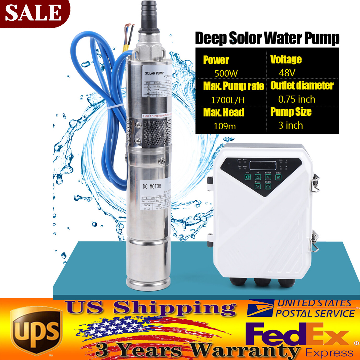 3″ Solar Water Pump 48V 500W Submersible Bore Deep Well Pump MPPT Controller Kit