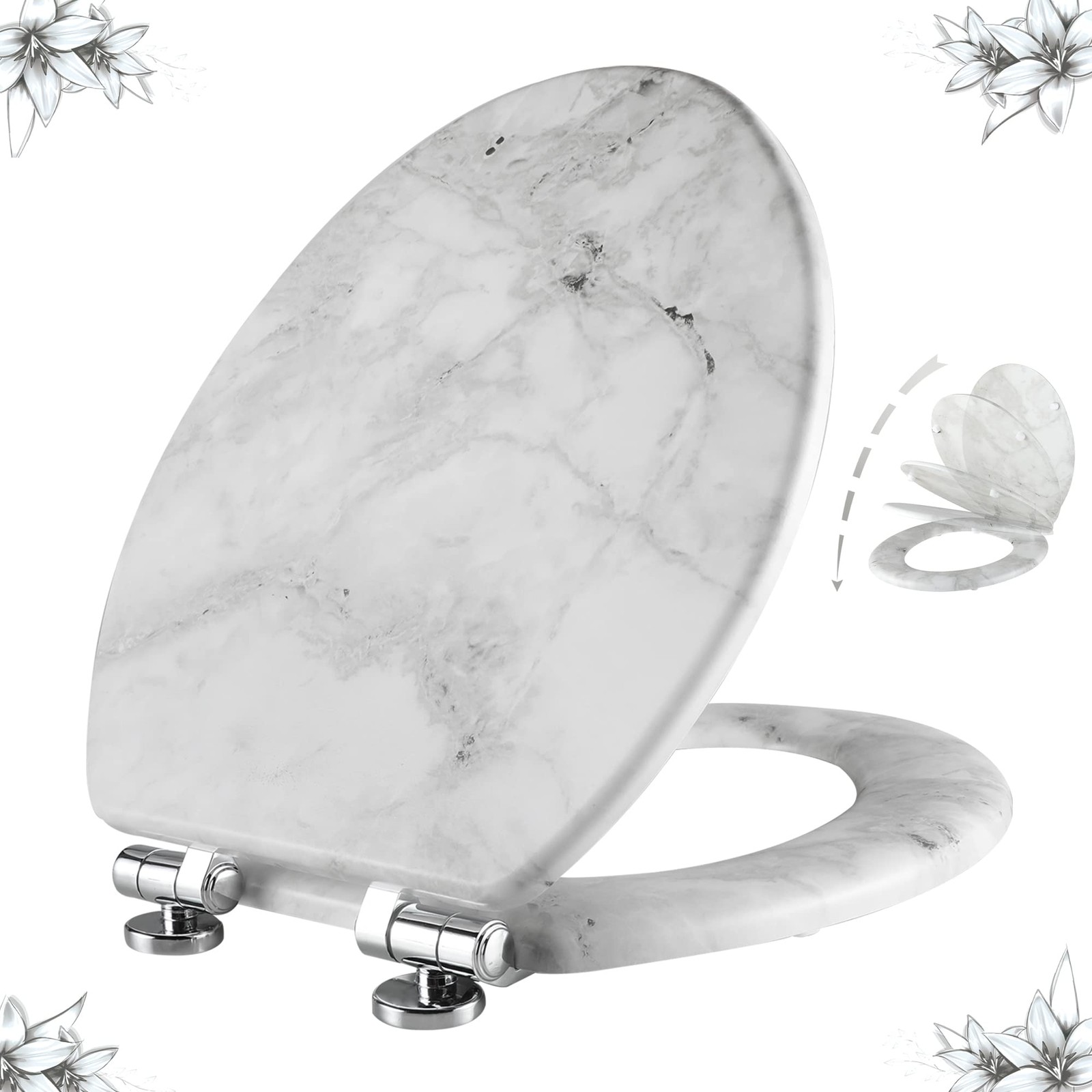 Marble Toilet Seat Durable Molded Wood with Quiet Close,Easy Clean Quick-Rele…