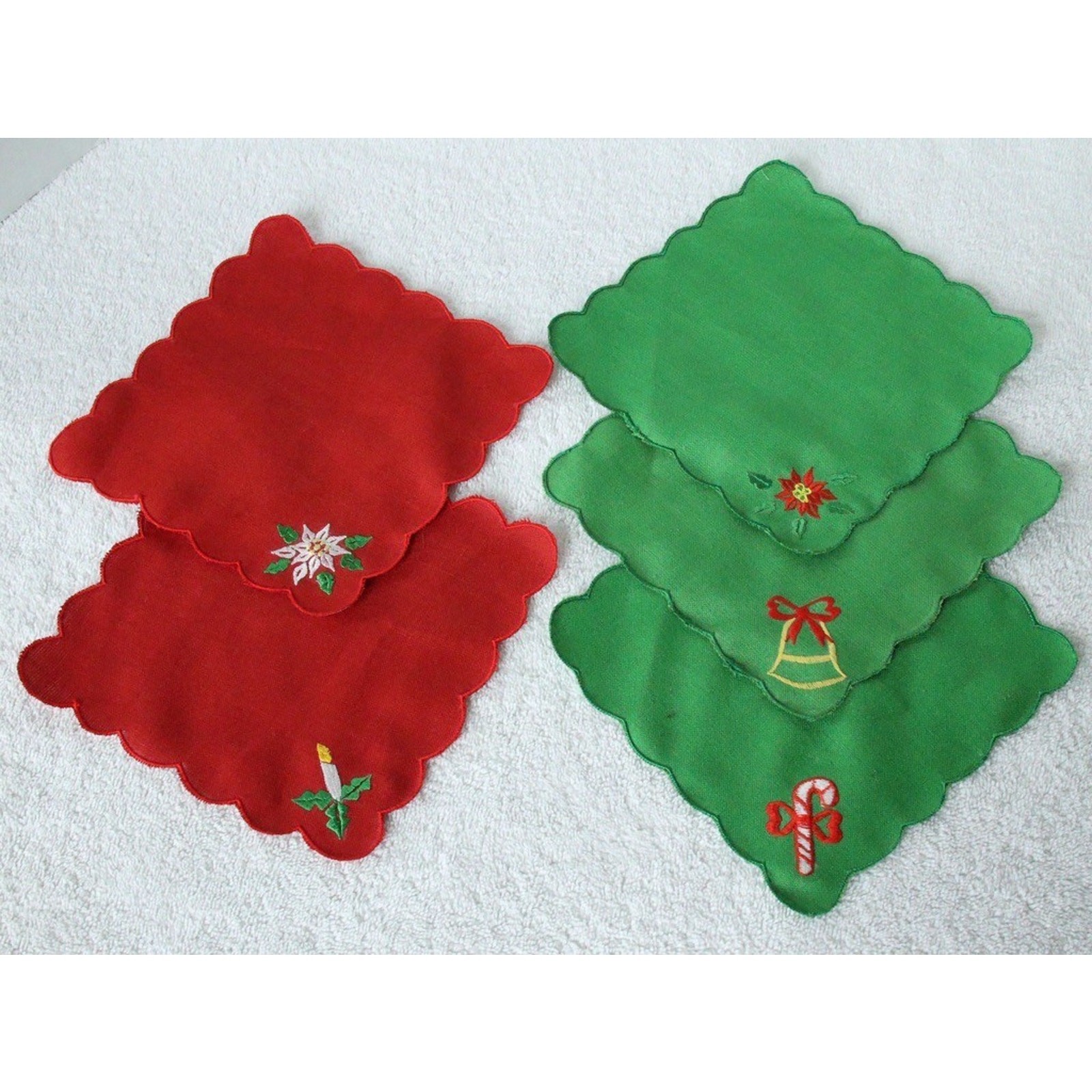 Christmas Cocktail Napkins Red & Green Embroidered Set of 5 Vintage Philippines