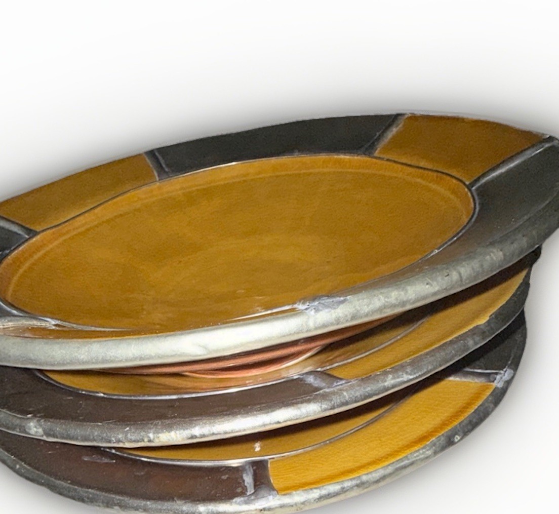 Moroccan Safi Earthenware Yellow Set Of 3 Serving 10”Platter With Silver Nickel