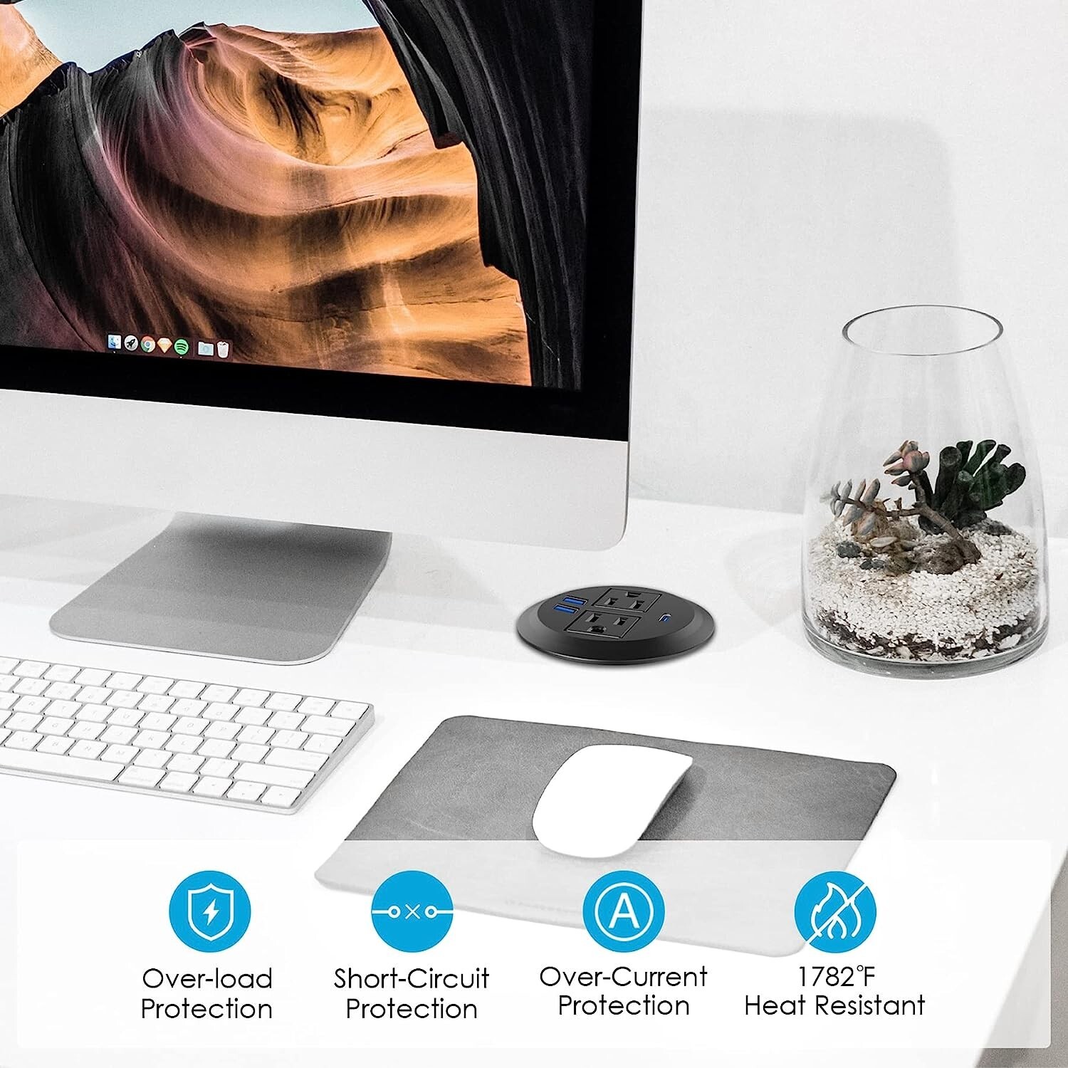 Desktop Power Grommet with 2 AC OUTLETS Fast Charging USB C, 2 USB A PORTS