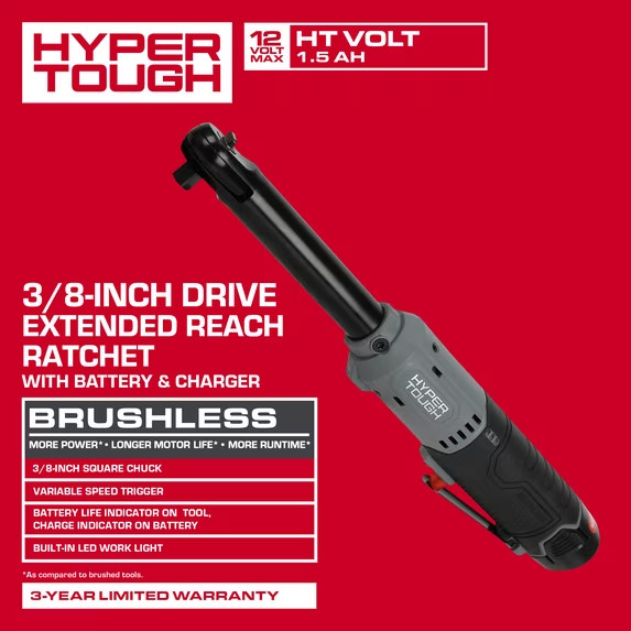 Hyper Tough 12V Max Brushless 3/8-inch Extended Reach Cordless Ratchet Wrench