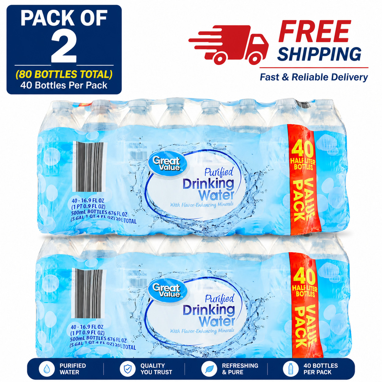 NEW (2 pack) 16.9 Fl. Oz., Great Value Purified Drinking Water, 40 Count