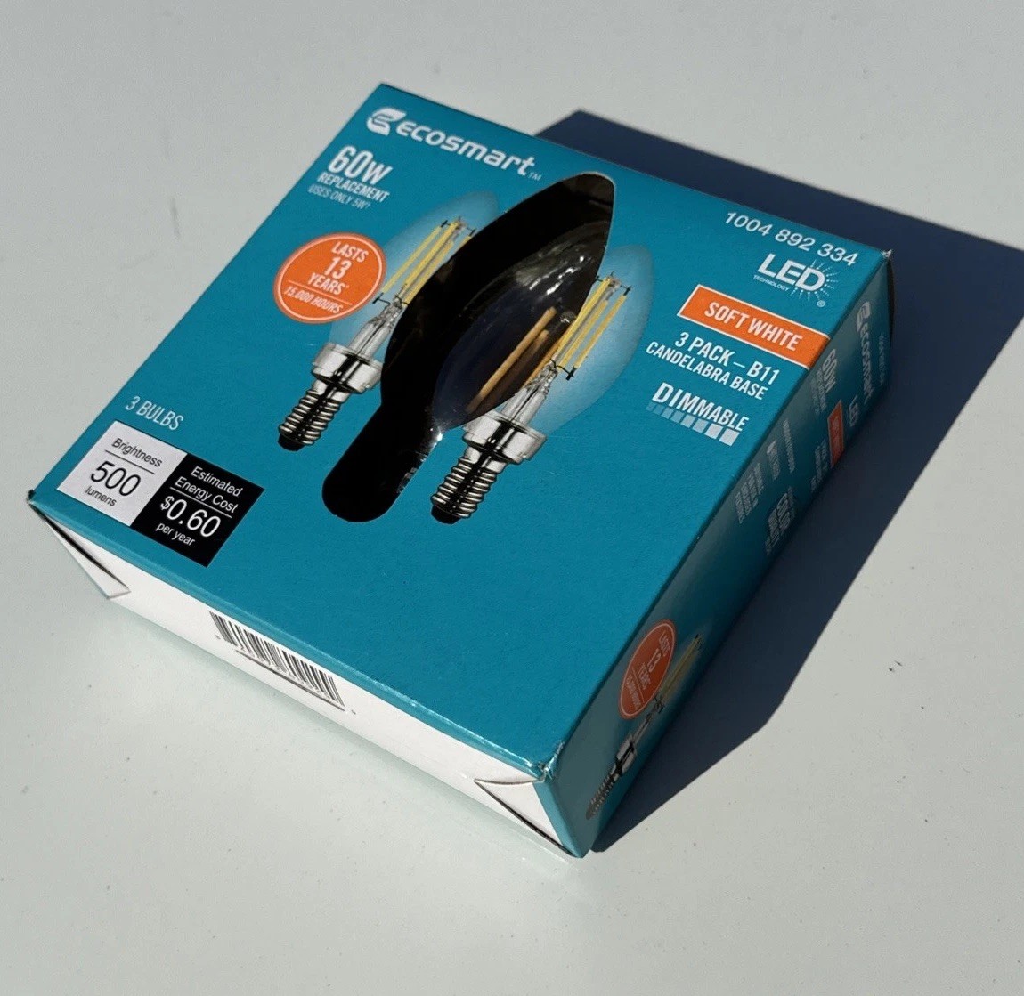 Ecosmart 60W B11 LED Soft White Dimmable Candelabra Base 3 Pack – Brand New