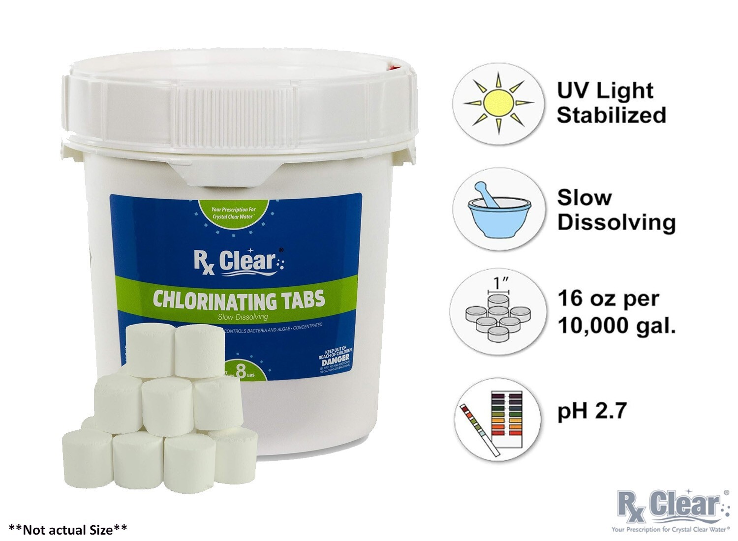 Rx Clear 1″ Inch 99% Trichloro Stabilized Swimming Pool Chlorine Tablets – 8 lbs
