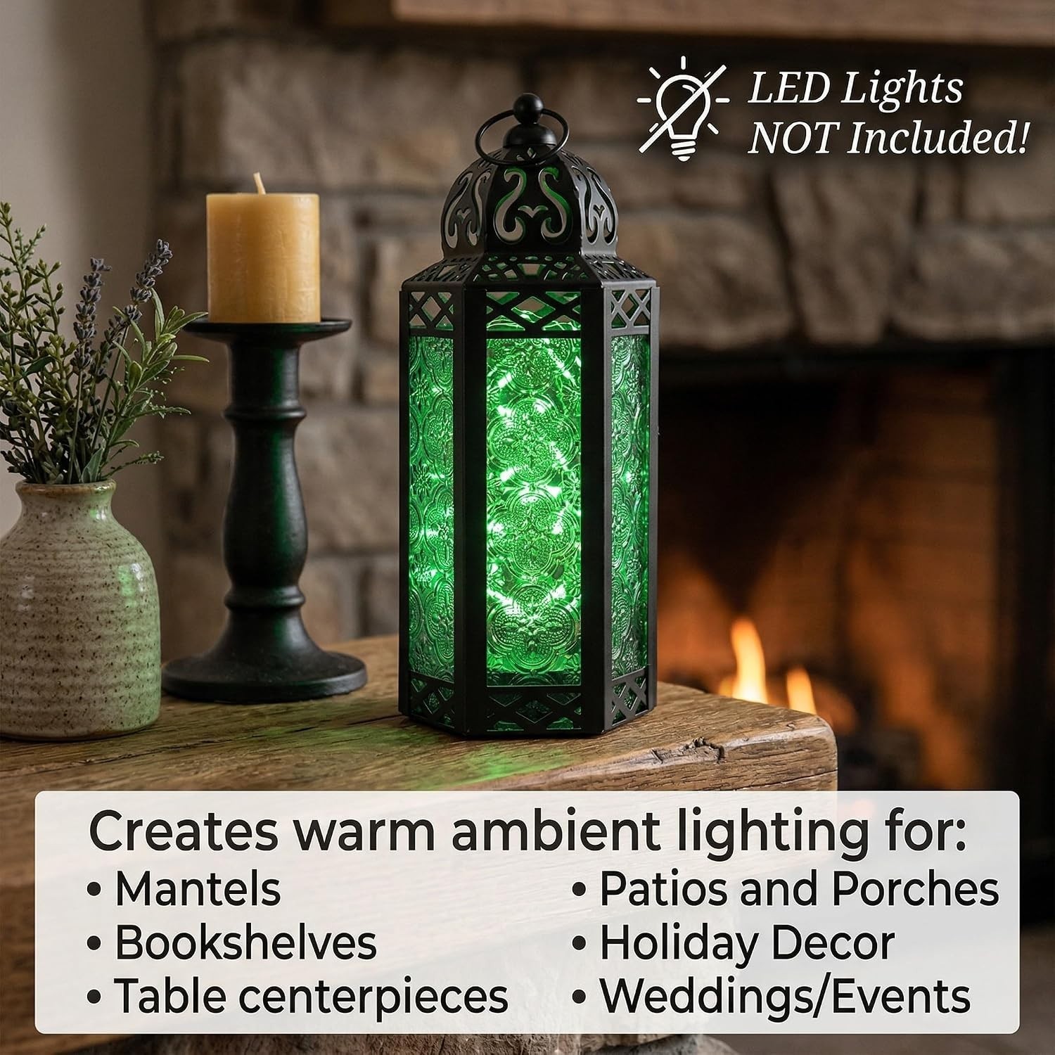 Emerald Green Moroccan Lantern – 10.5in Tall Candle Holder for Enchanting Decor