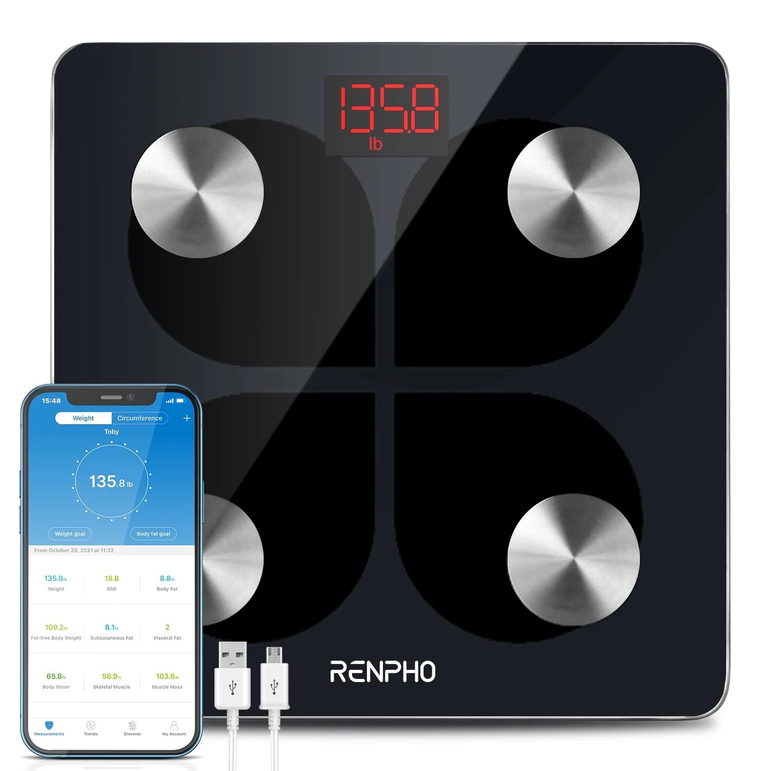 RENPHO Bluetooth Body Fat Scale Weight Scale Bathroom Scale Rechargeable Gift US