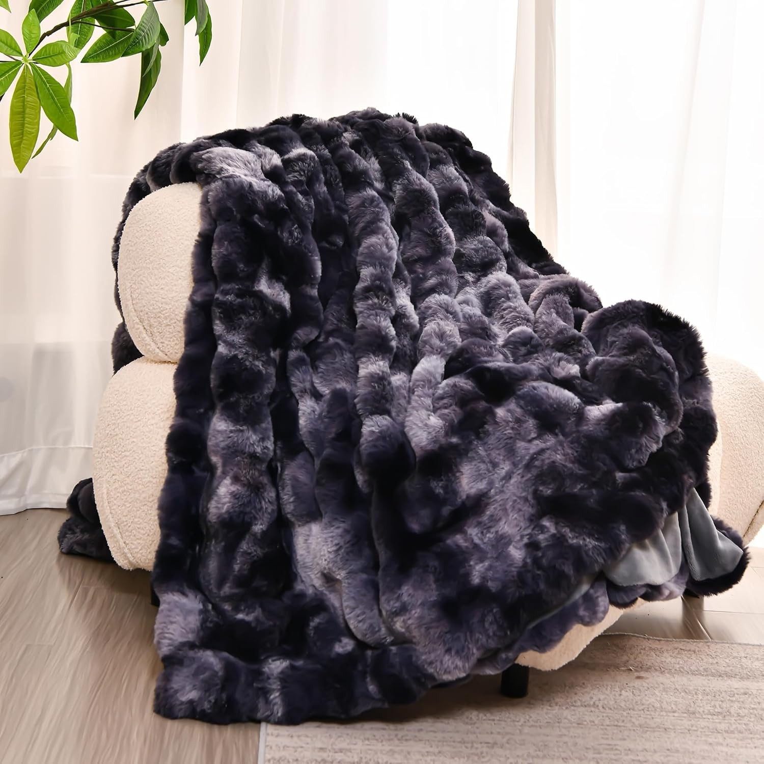 Faux Fur Throw Blanket Bubble Texture Plush Fuzzy Fleece Cozy Lightweight