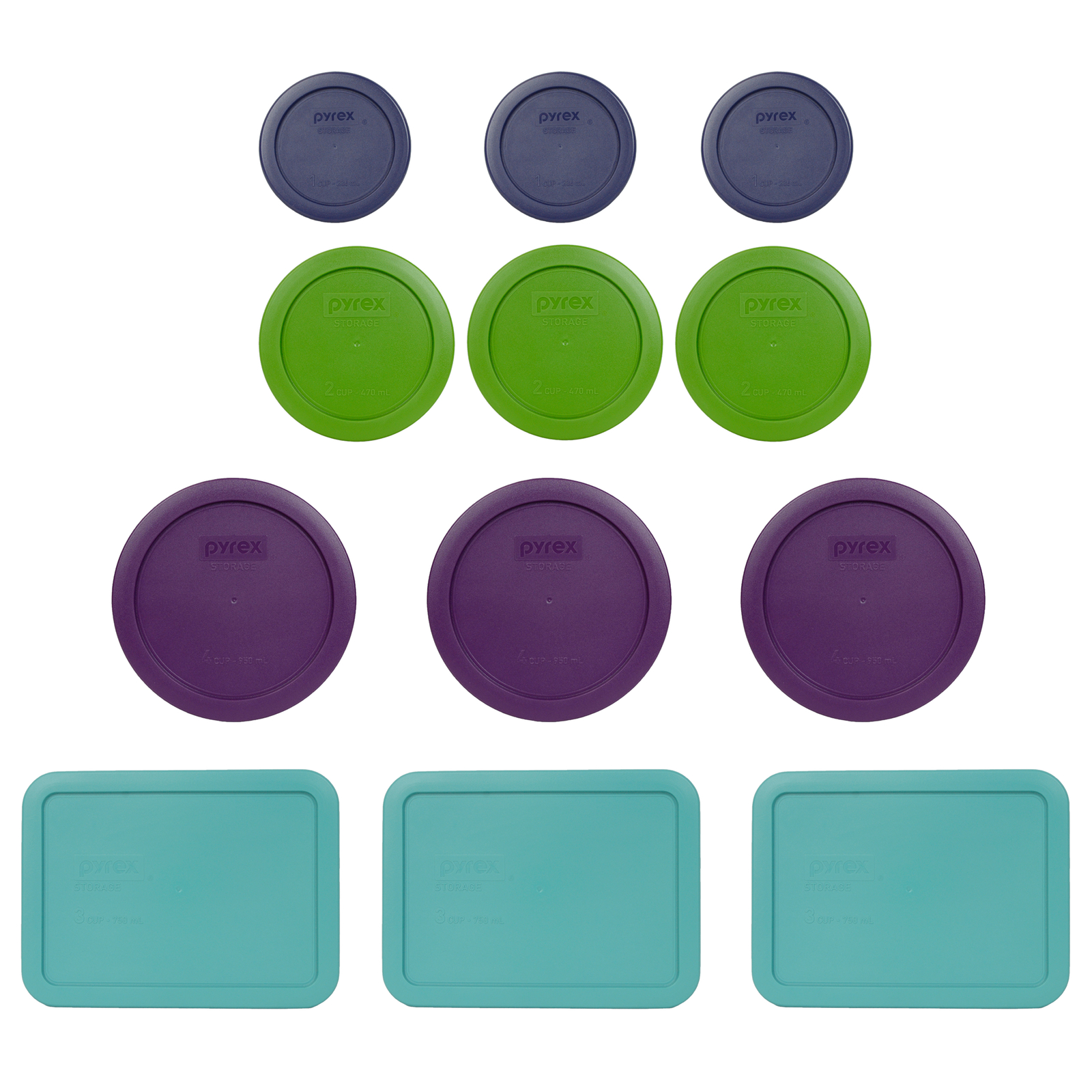 Pyrex (3) 7202 Blue (3) 7200 Green (3) 7201 Purple (3) 7210 Turquoise Lids
