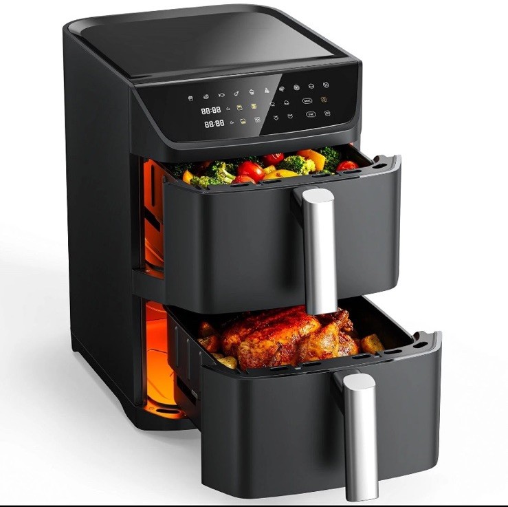 Dual Basket Air Fryer, 12.6QT Family-Size for 10–12 People, XL Basket for 6LB Wh