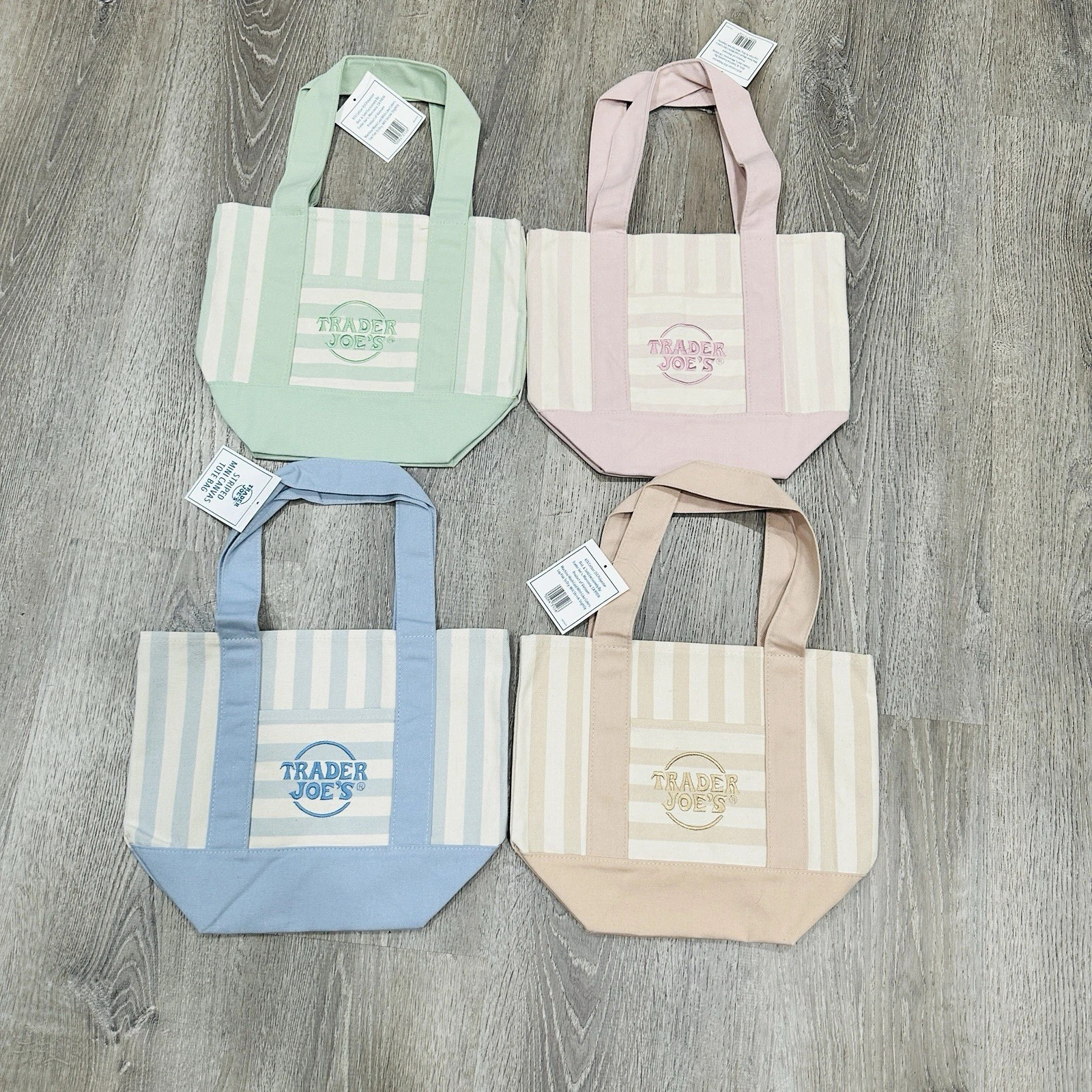 TRADER JOE’S MINI PASTEL STRIPE CANVAS TOTE BAGS SET Of 4 PINK BLUE GREEN BEIGE