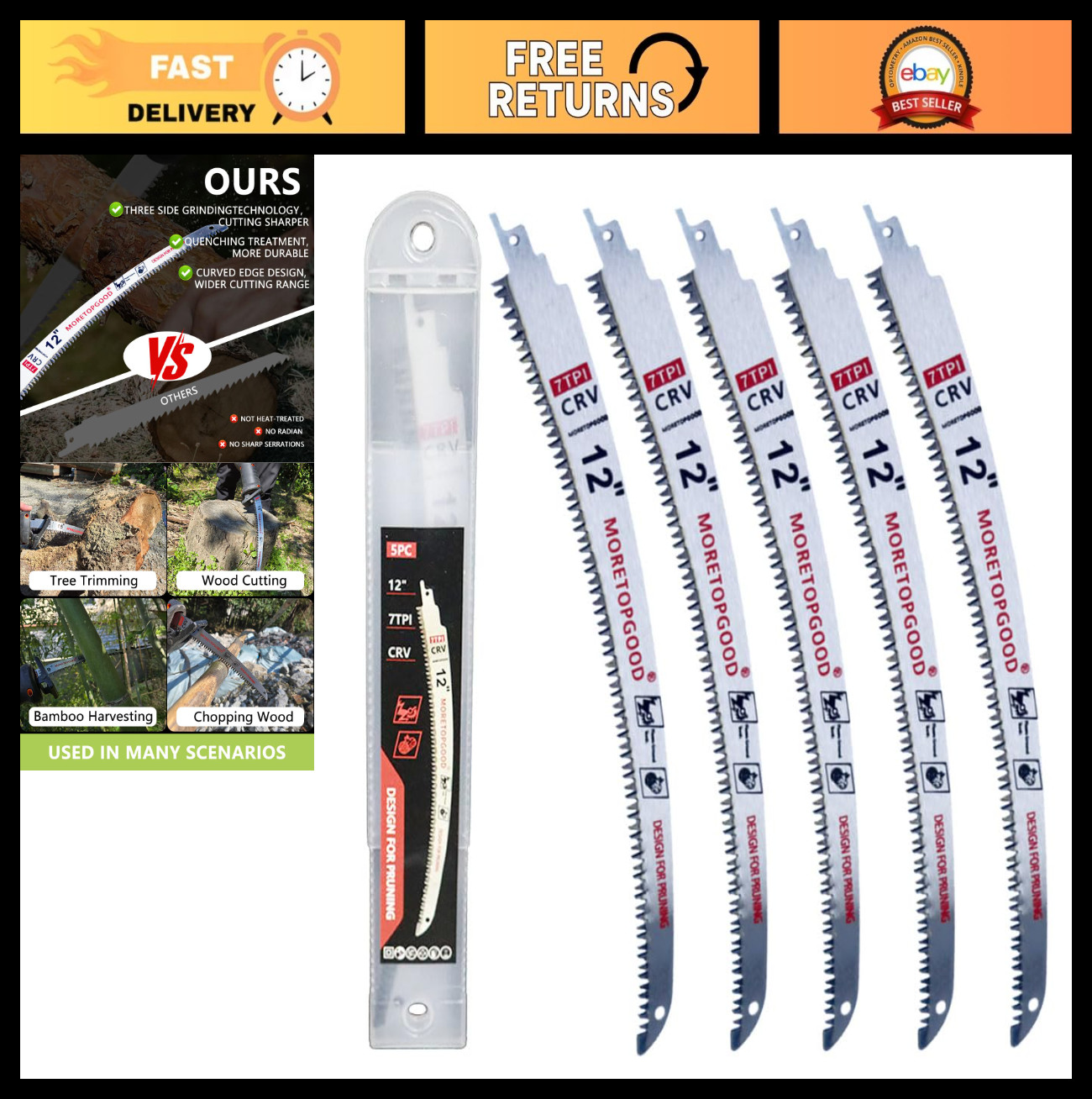 12″ Arc Edge Reciprocating Saw Blades – 7TPI Curved Wood Pruning Set (5 Pack)