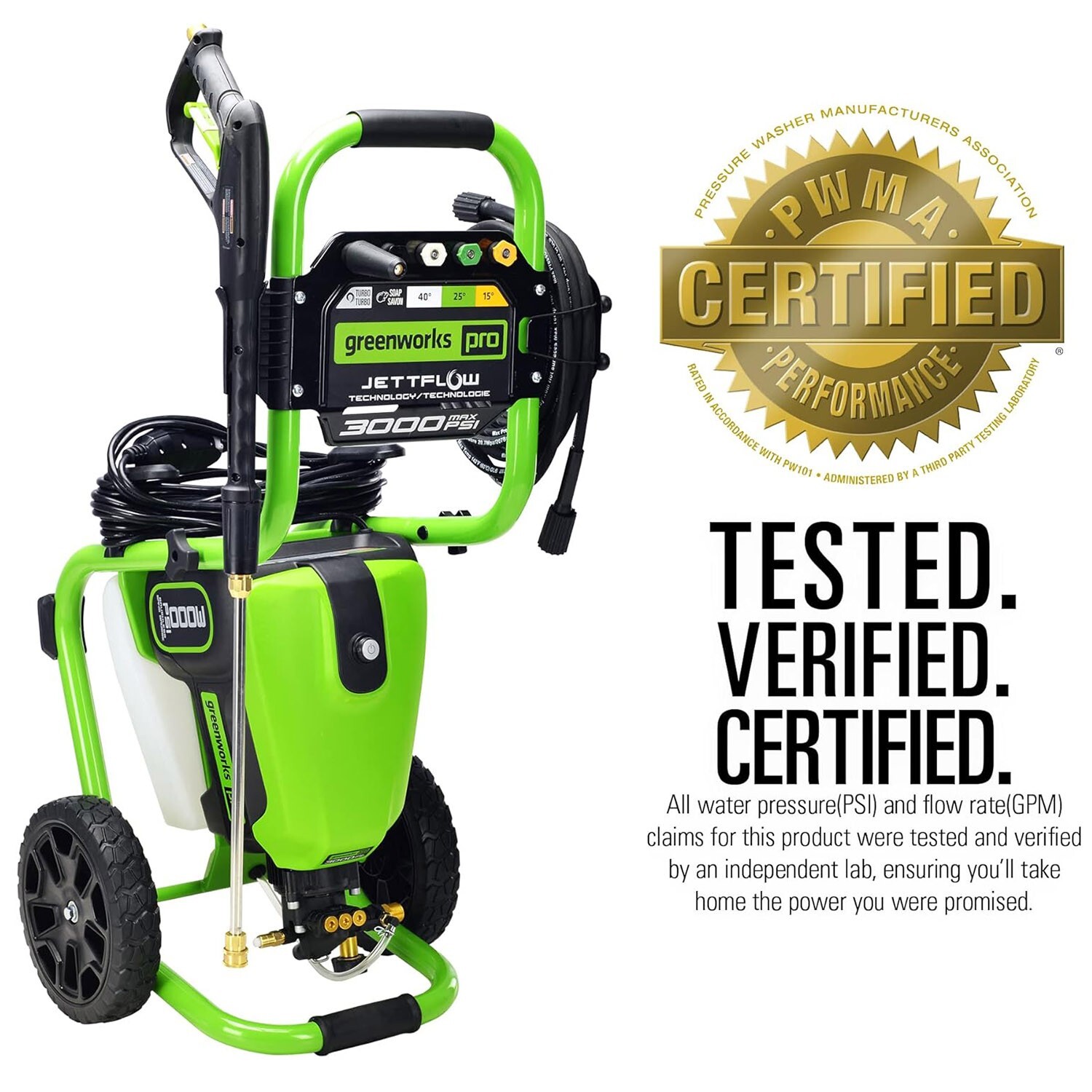 Greenworks Pro 3000 Psi Electric Pressure Washer GPW3001 25Ft Hose 35Ft Cord 5No
