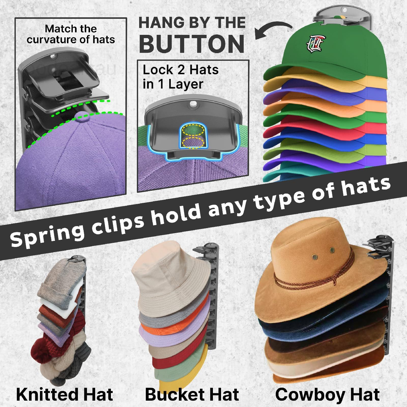Double Capacity Hat 2 racks (2.56″ D x 2.76″ W x 16″ H each), black