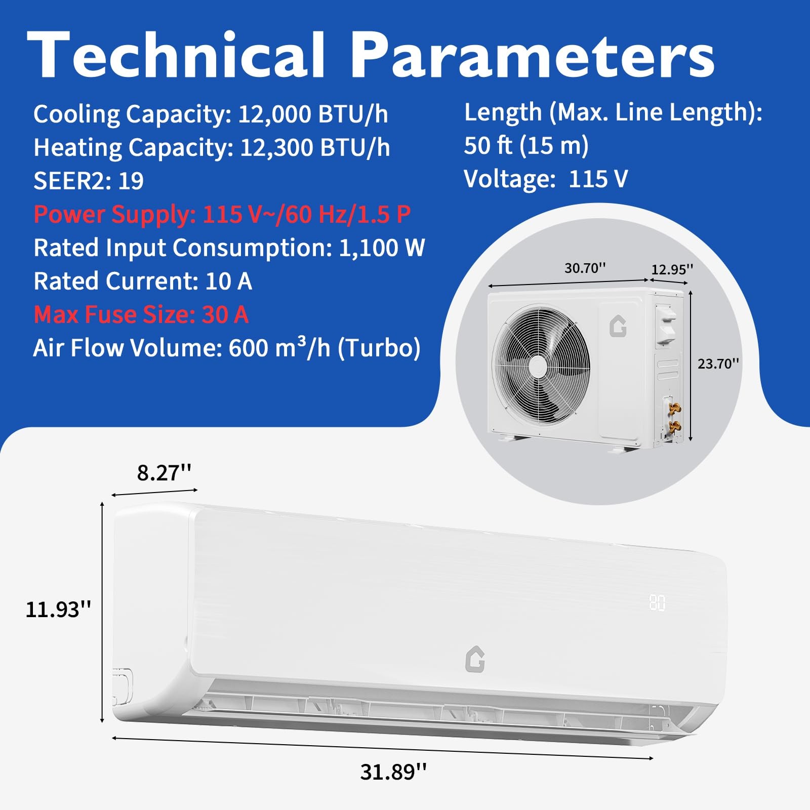 18000 BTU Ductless Mini Split Air Conditioner & Heat Pump AC Inverter w/Kit 230V
