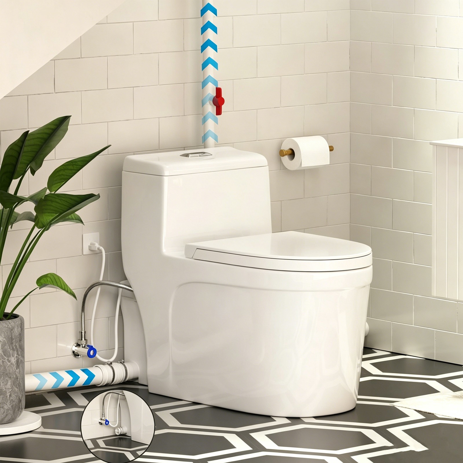 One Piece Macerating Toilet System with 600W Pump for Basement Upflush Toilet