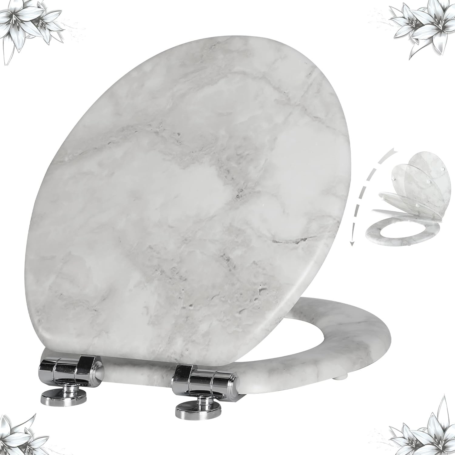 Marble Toilet Seat Durable Molded Wood with Quiet Close,Easy Clean，Quick-Rele…