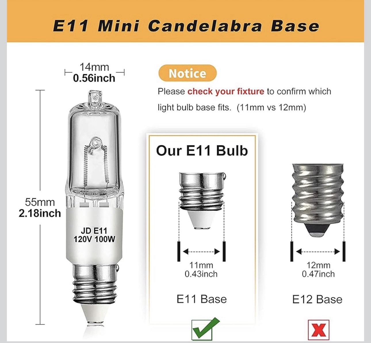 JDE11 120V 100W E11 Halogen Bulb Replacement E11 LED Mini Candelabra Dimmable