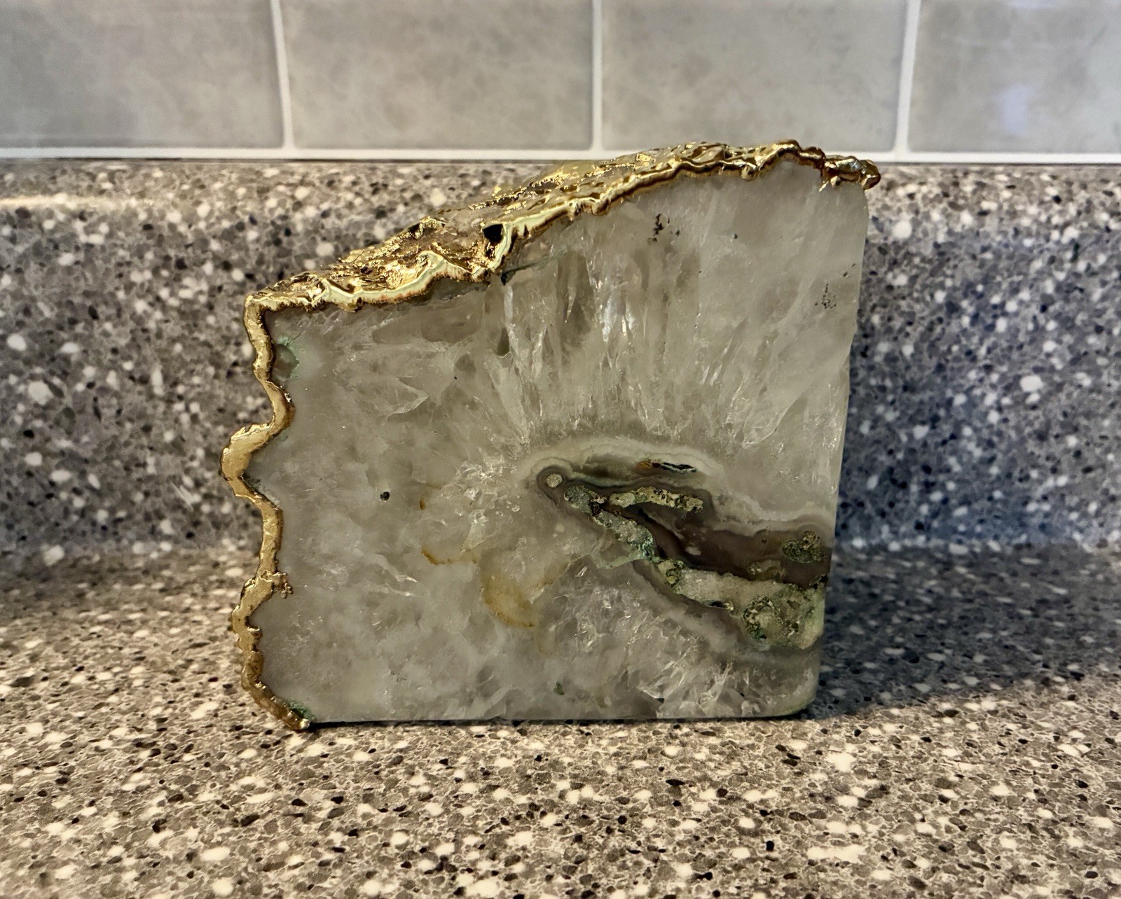 Natural Polished Agate Gold Plated Finish Single Bookend 3 Lb 12.6 Ounce
