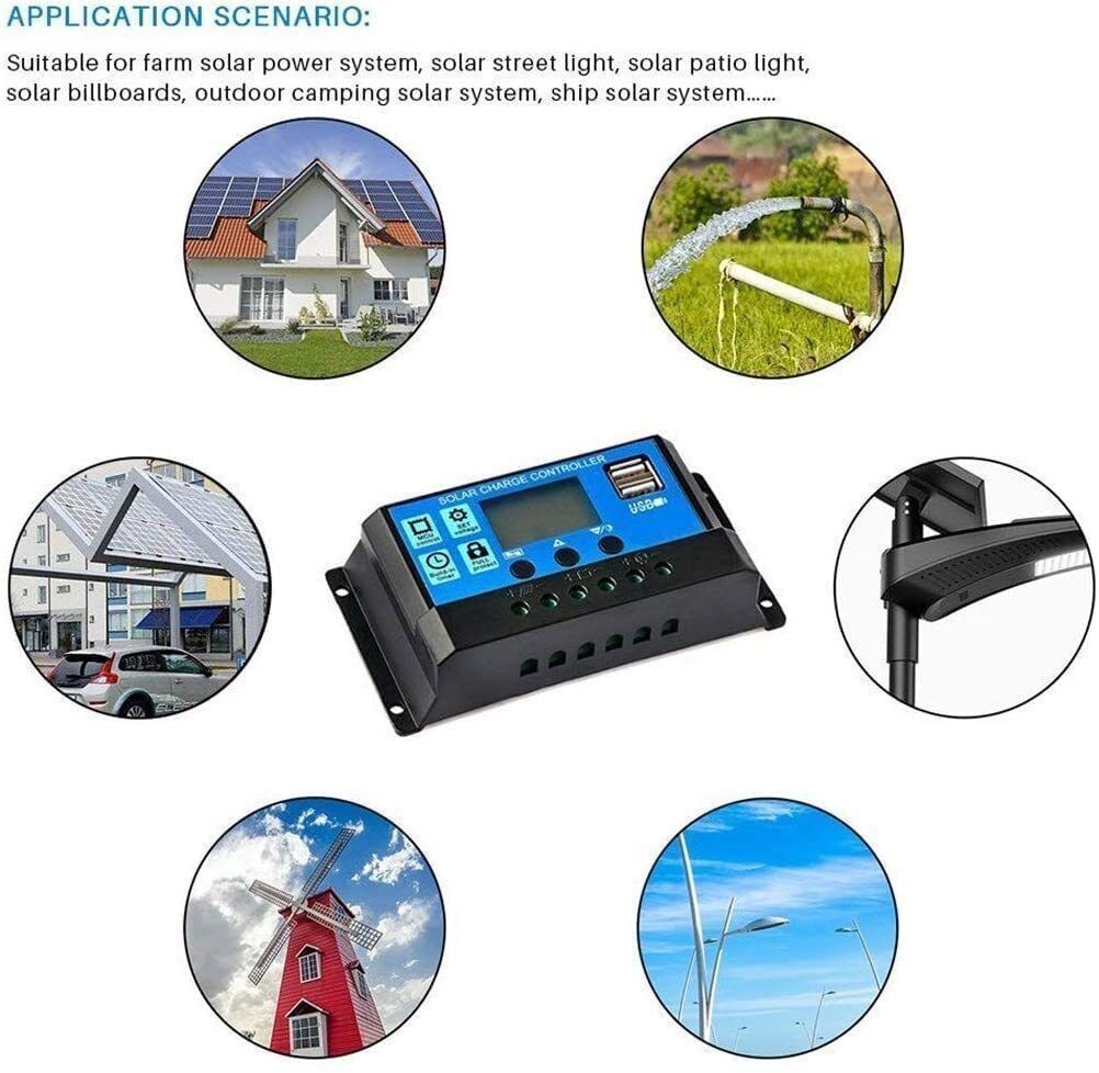 10A 12V/24V Solar Panel Battery Charge Controller LCD Auto Regulator Two USB US