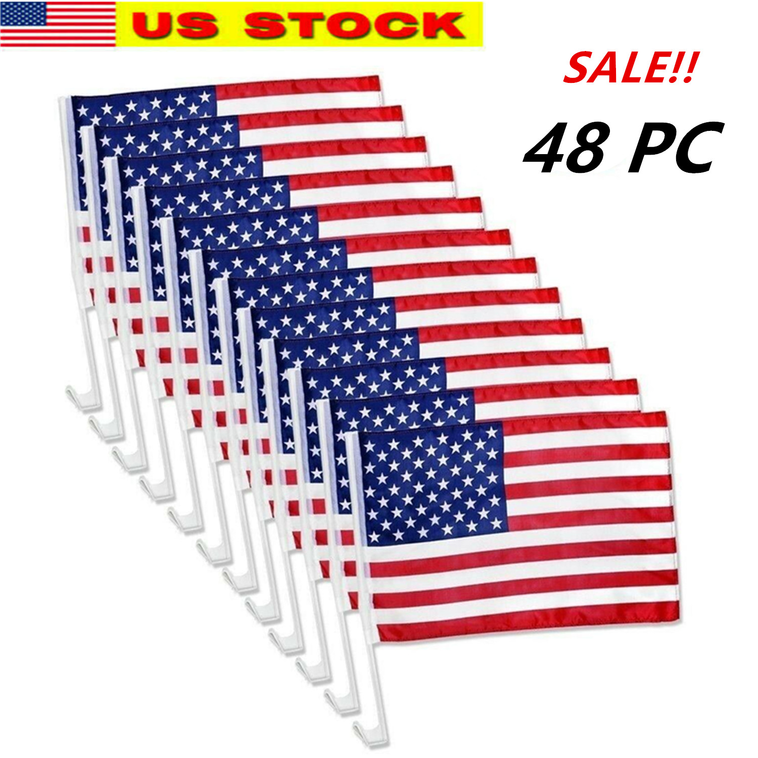48 Pack Lot 12×17 USA Flags Car Window Clip On Fan Banners Car Flag US Seller