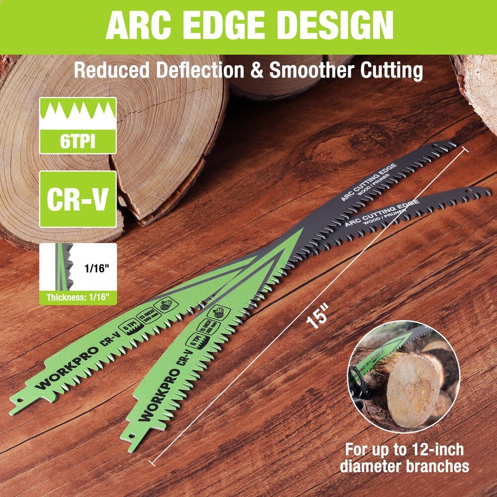 WORKPRO 5PCS 15″ Wood Pruning Reciprocating Saw Blades Set Arc Cutting Edge 6TPI