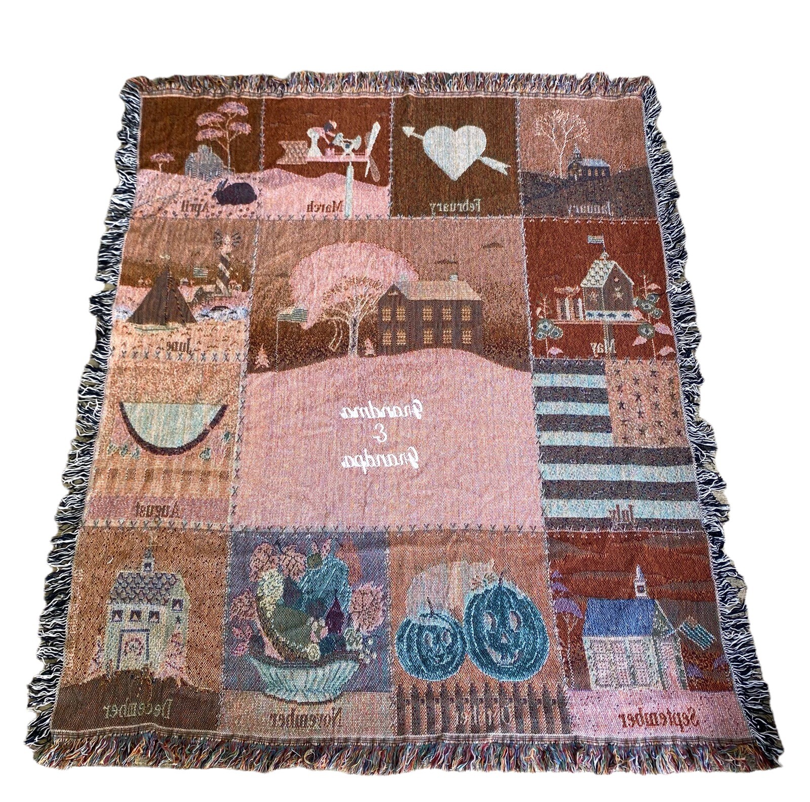 Calendar Tapestry Throw Blanket Grandma and Grandpa 12 Months Seasons Fringe
