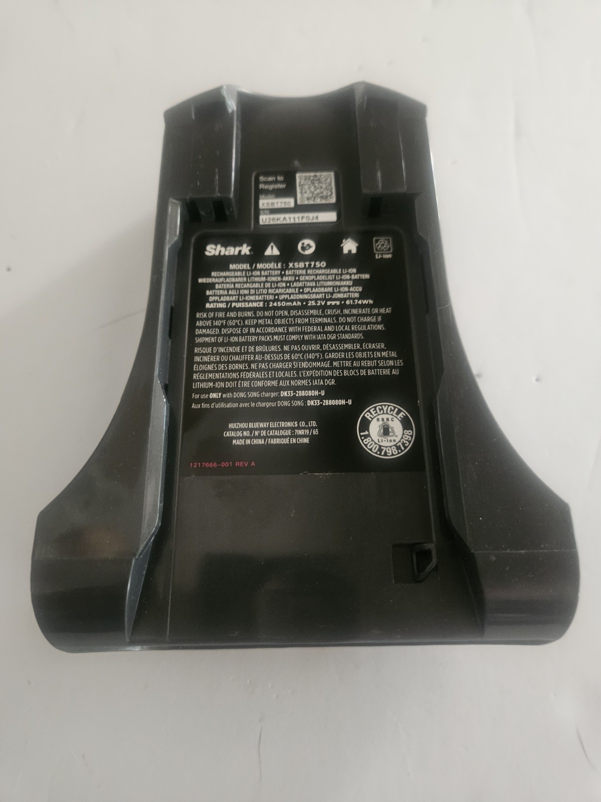 Genuine Shark Lithium-Ion Removable Battery XSBT750 for IZ462H, IZ462HNP, IZ482H