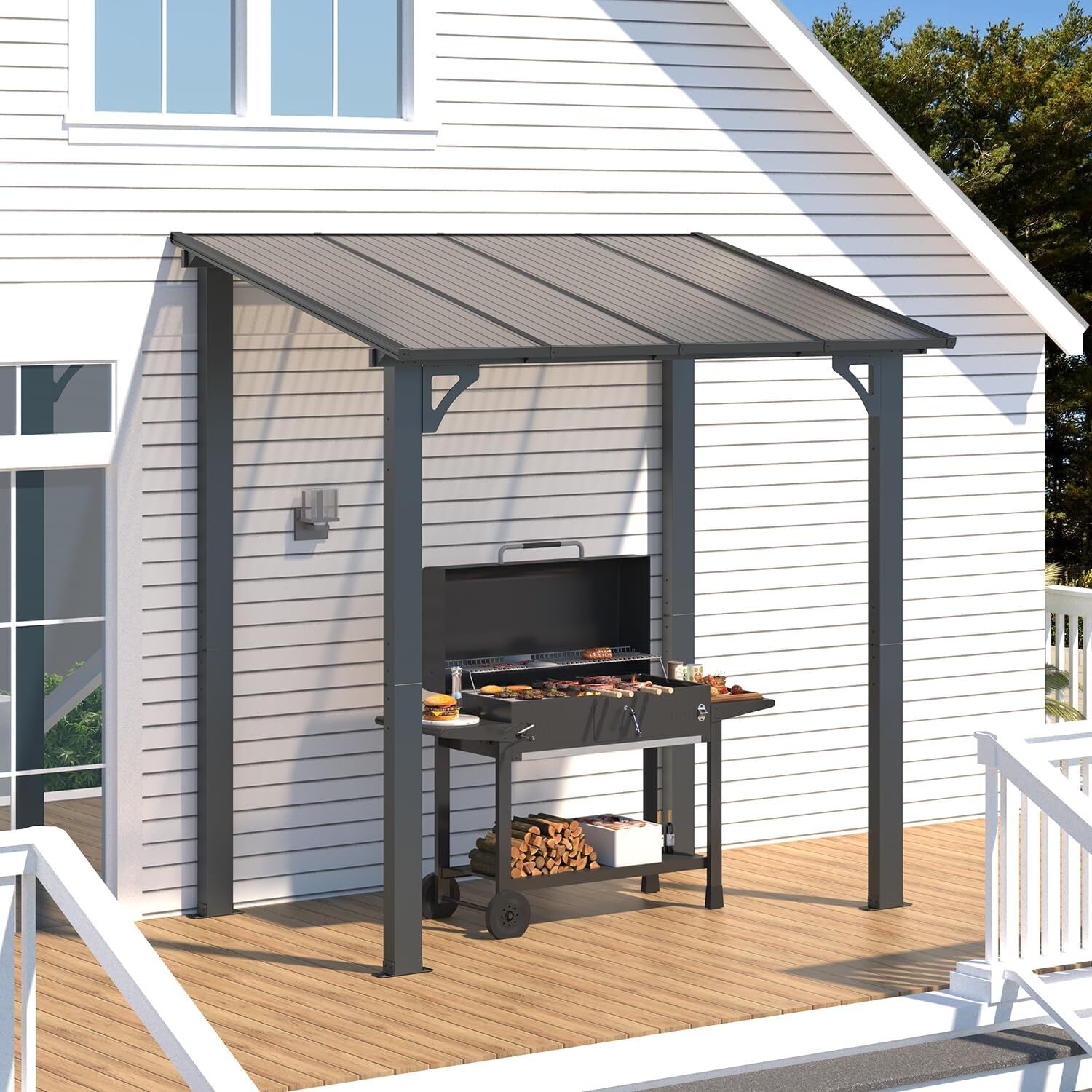 Wall Mounted Hardtop Gazebo Lean to Metal Pergola Outdoor Patio Awning Shelter