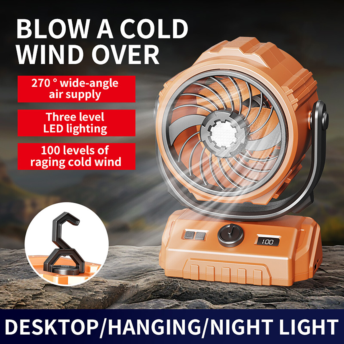 Camping Fan with LED Rechargeable Battery 6000Mah Three Speeds 270° Pivot&Hook