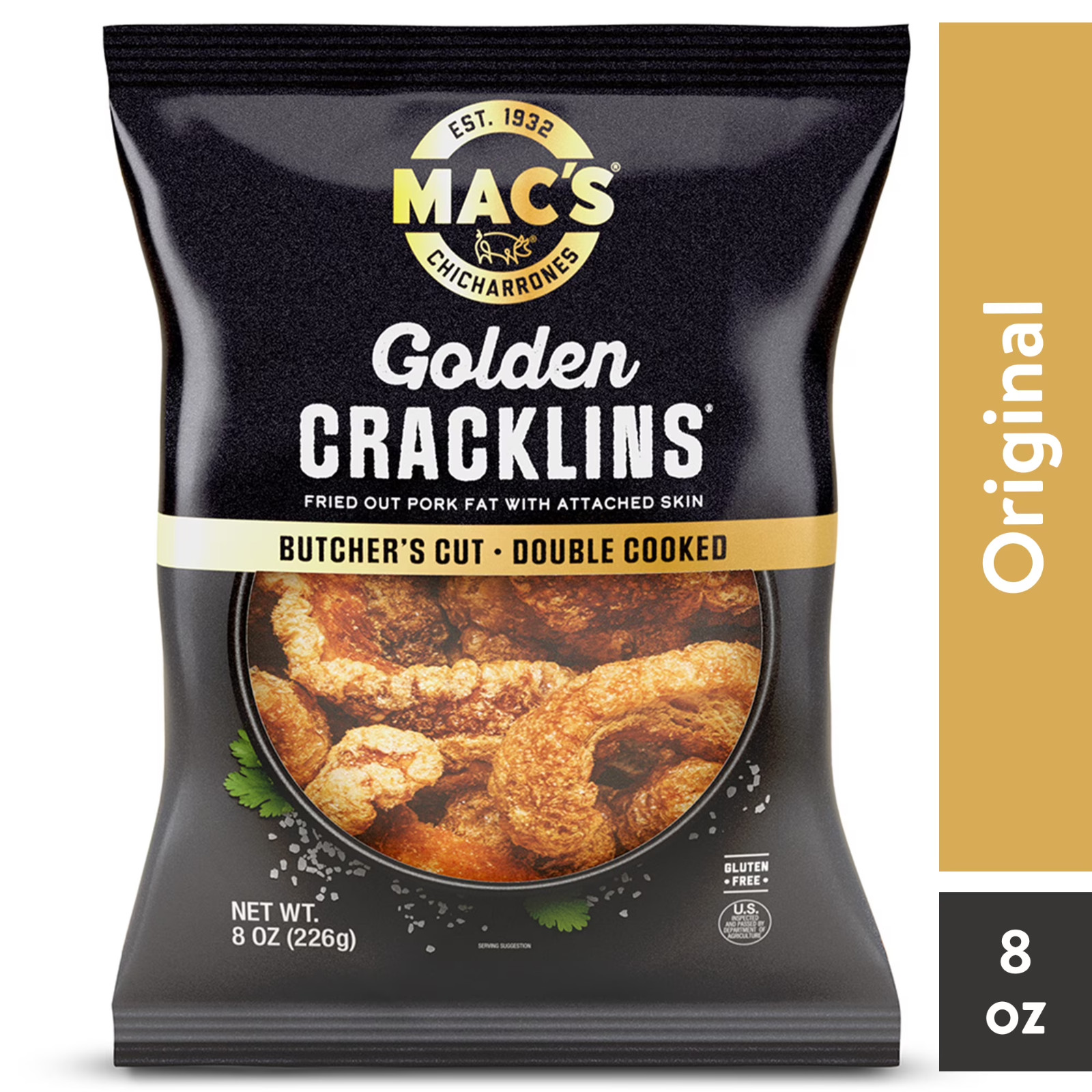 Mac’s Chicharrones Golden Pork Cracklins, Fried Pork Fat with Skin, 8 oz Bag,,