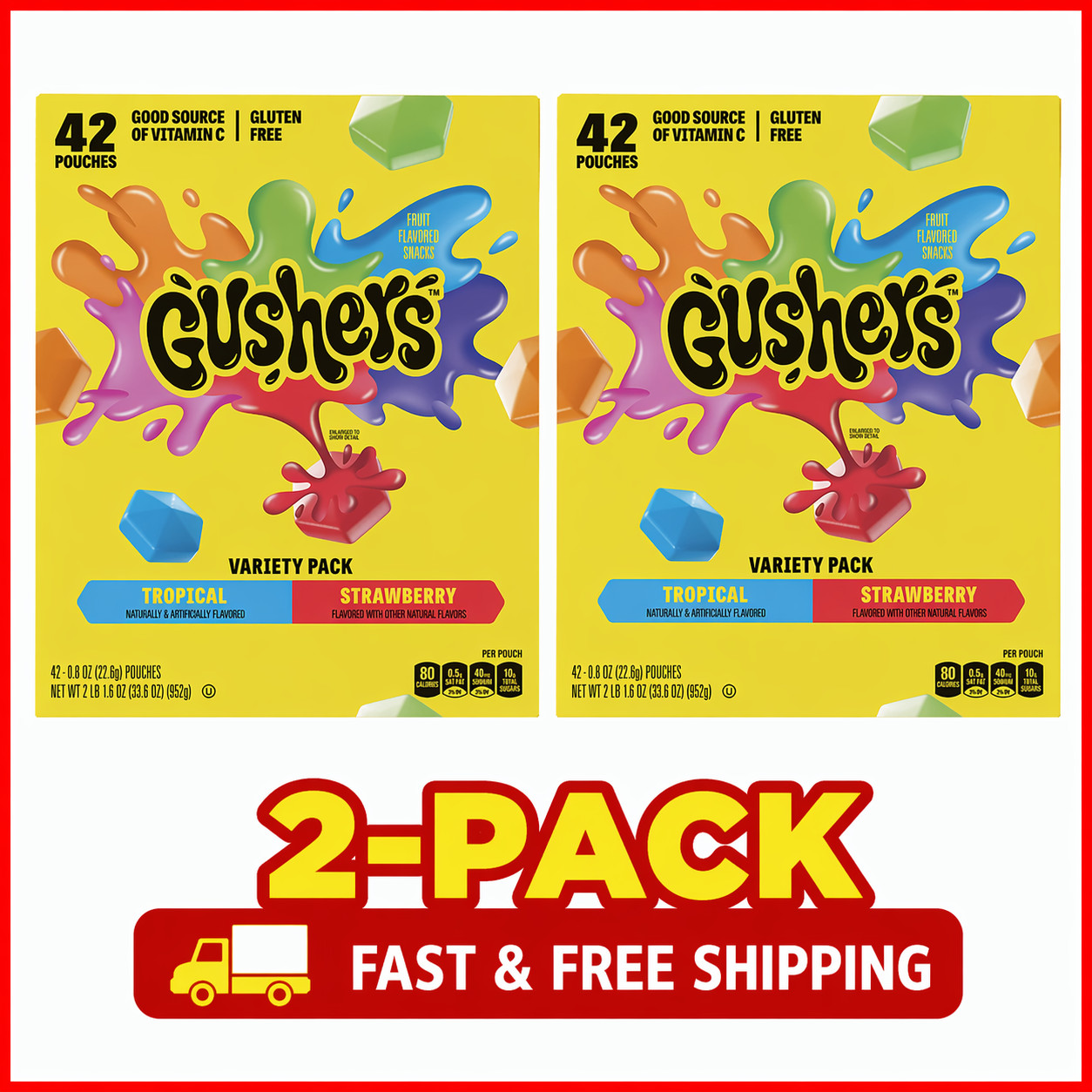 2-Pack Fruit Gushers Fruit Flavored Snacks, Variety Pack, 0.8 oz, 42-Count