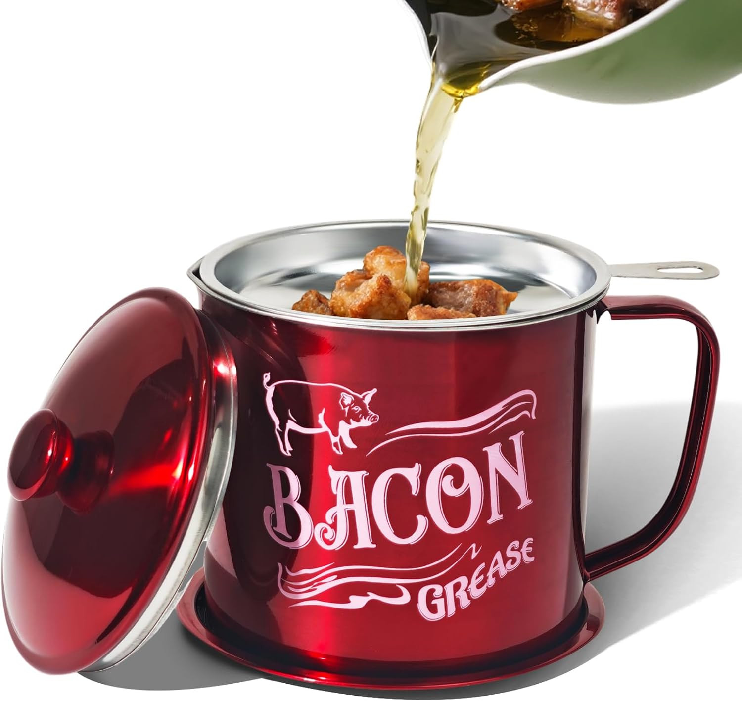 1.3L Bacon Grease Saver Container with Fine Mesh Strainer, Dishwasher Safe (Red)