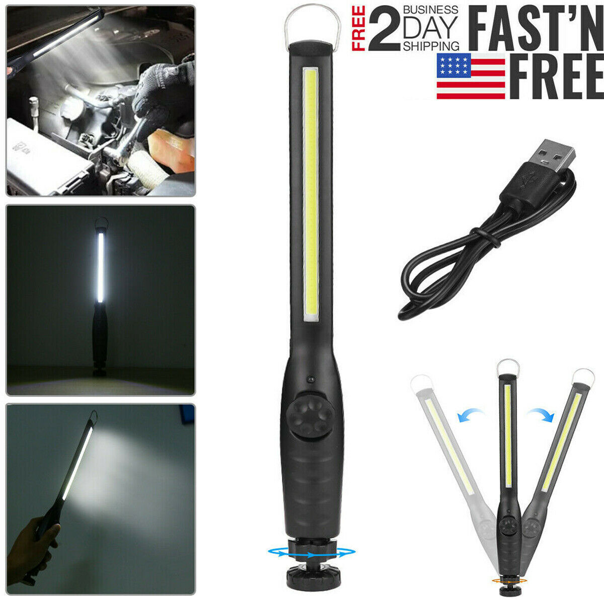 2pcs Rechargeable LED Slim Work Light Mechanic Flashlight Lamp Bar Camping Torch