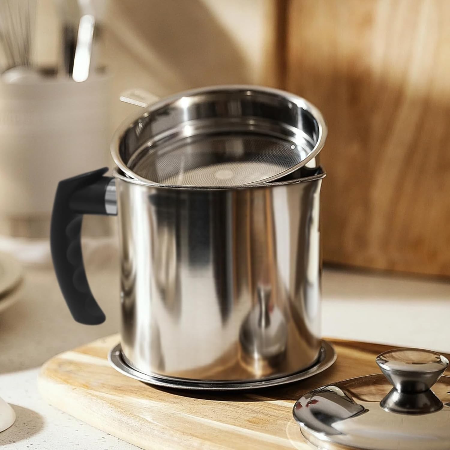 Bacon Grease Container With Strainer,1.3L(46 fl. oz.) Kitchen 1.3L, Silver