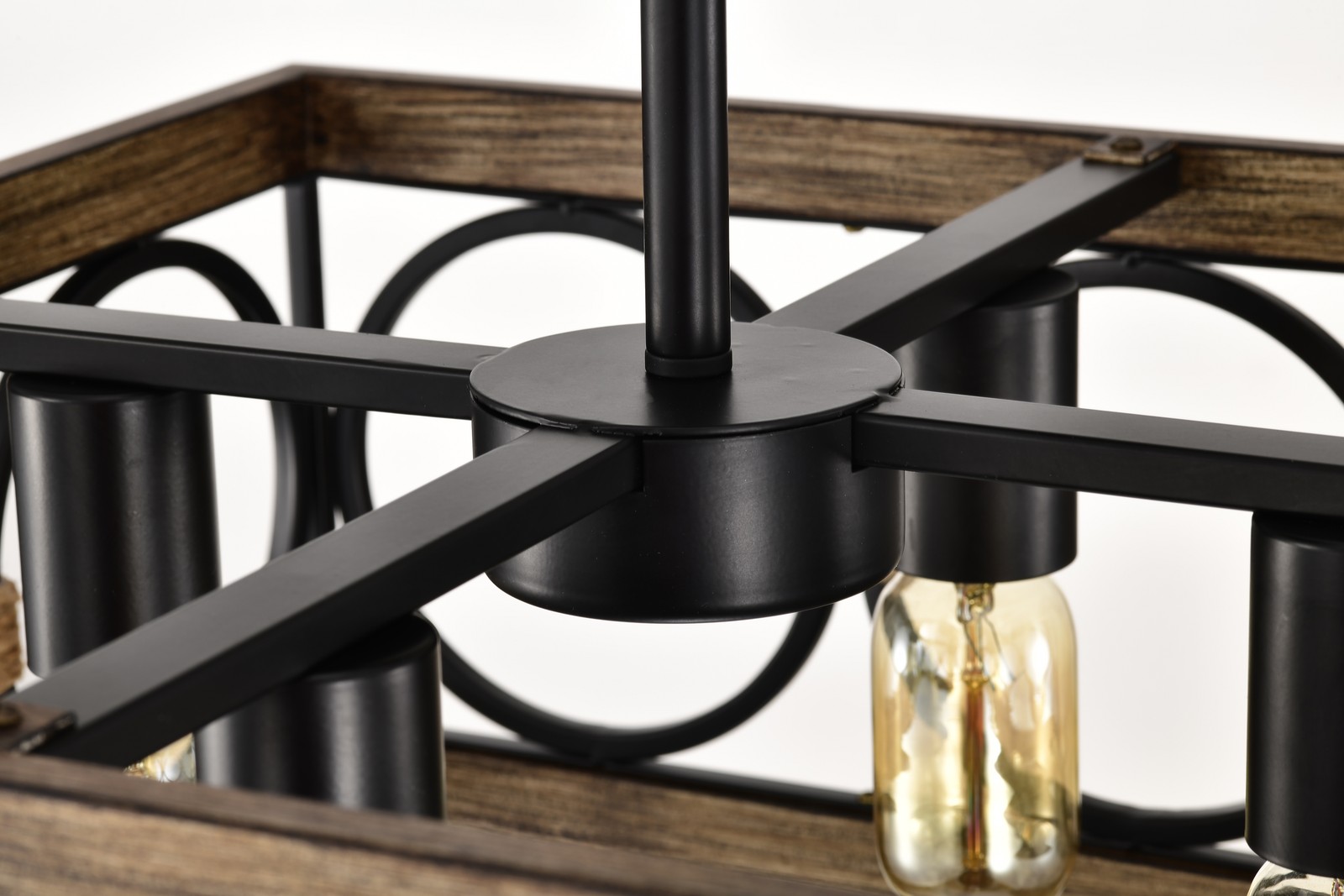 4-Light Square Kitchen Island Light Farmhouse Wood Black Metal Ceiling Fixture
