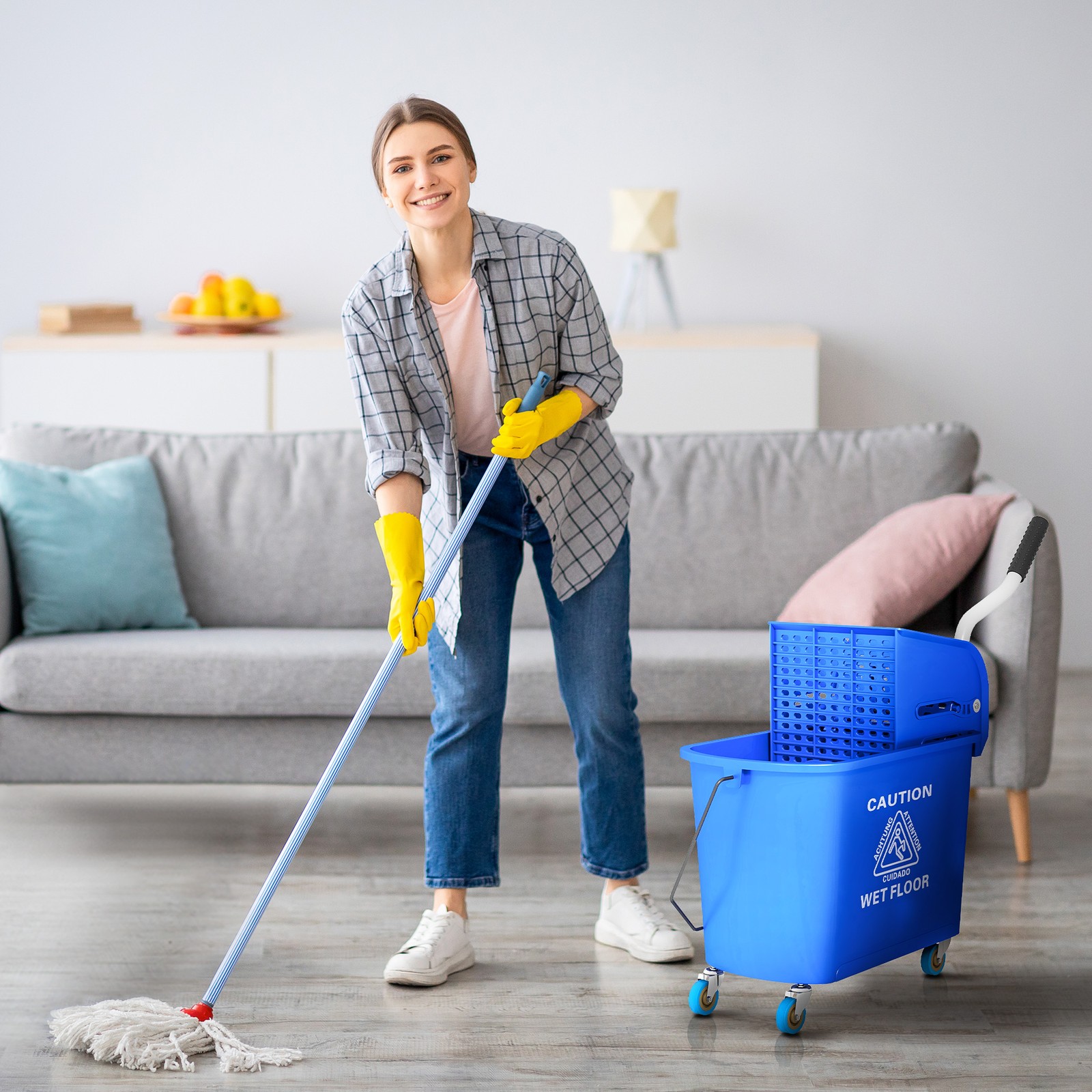 HOMCOM Mop Bucket with Wringer on Wheels for Floor Cleaning 21 Quart Blue
