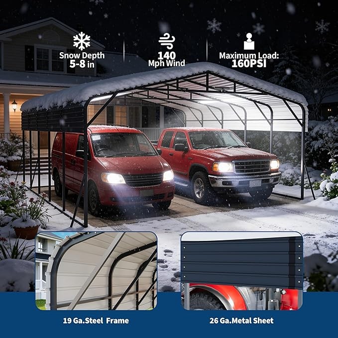 Garvee 20x25FT Heavy Duty Metal Carport Led Light Removable PE Side Reinforced