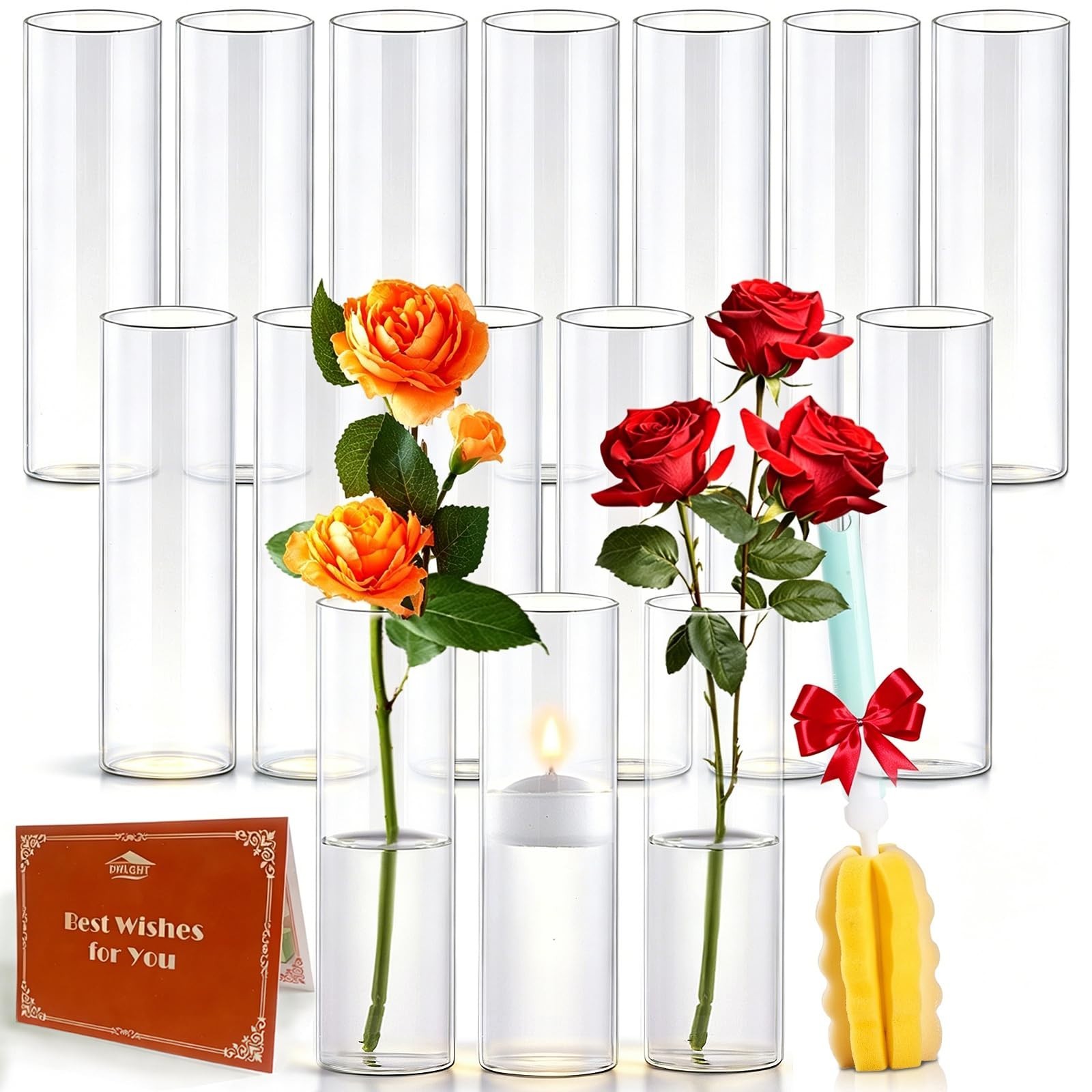 16Pcs Glass Cylinder Bud Vases for Centerpieces,7.7 In Tall Clear Flower…
