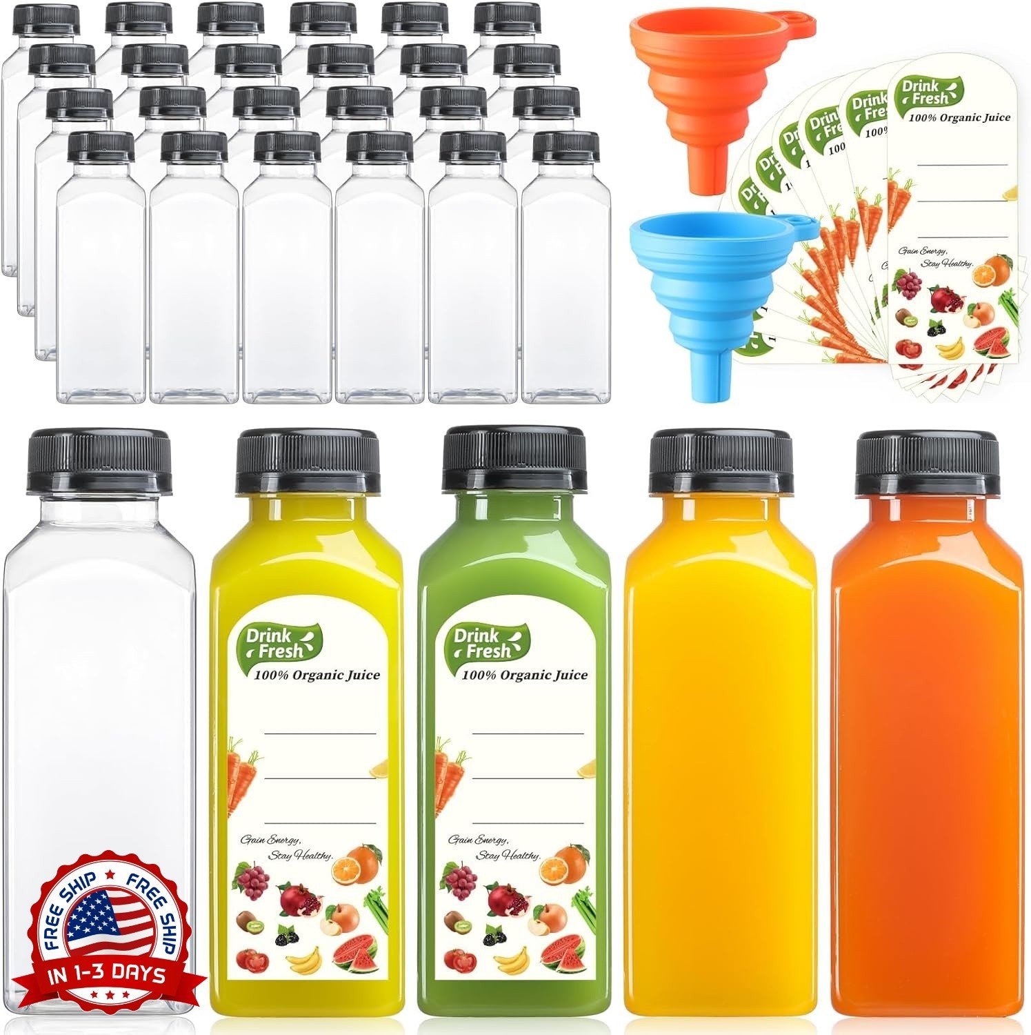 Botellas de plástico reutilizables de 355 ml (12 oz) para zumo con tapa NUEVO US
