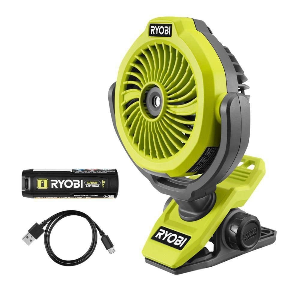 RYOBI USB Lithium Misting Clamp Fan Kit w/2Ah Battery & Charging Cable