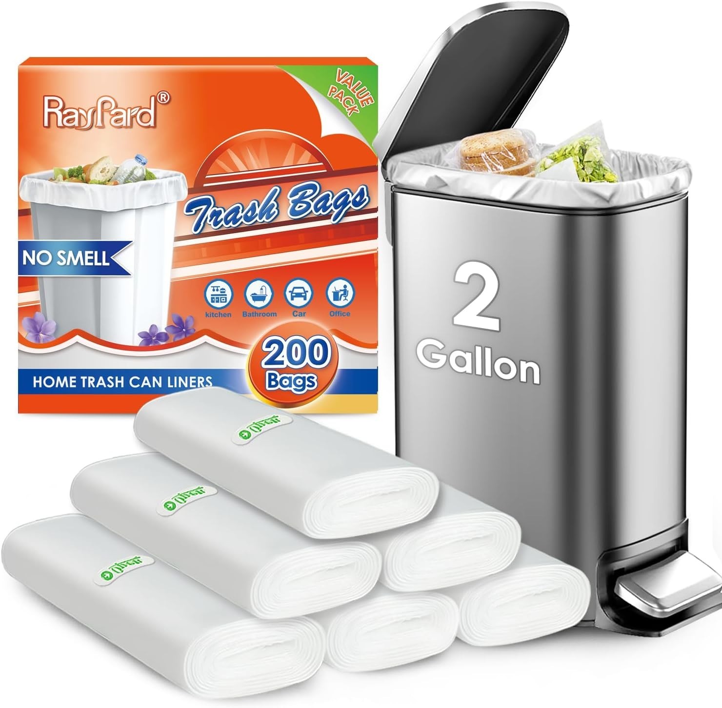 200 Counts 2 Gallon 1.8-2 Gal Small Trash Bags Garbage Bags by RayPard fit 1….