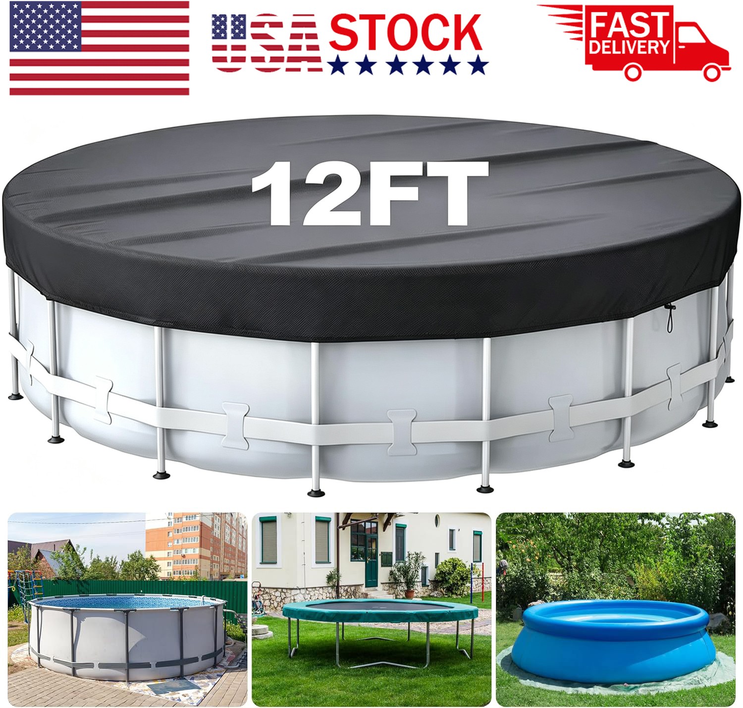 12 Ft Heavy Duty Round Pool Cover, Swimming Pool Cover for Above Ground Pools US