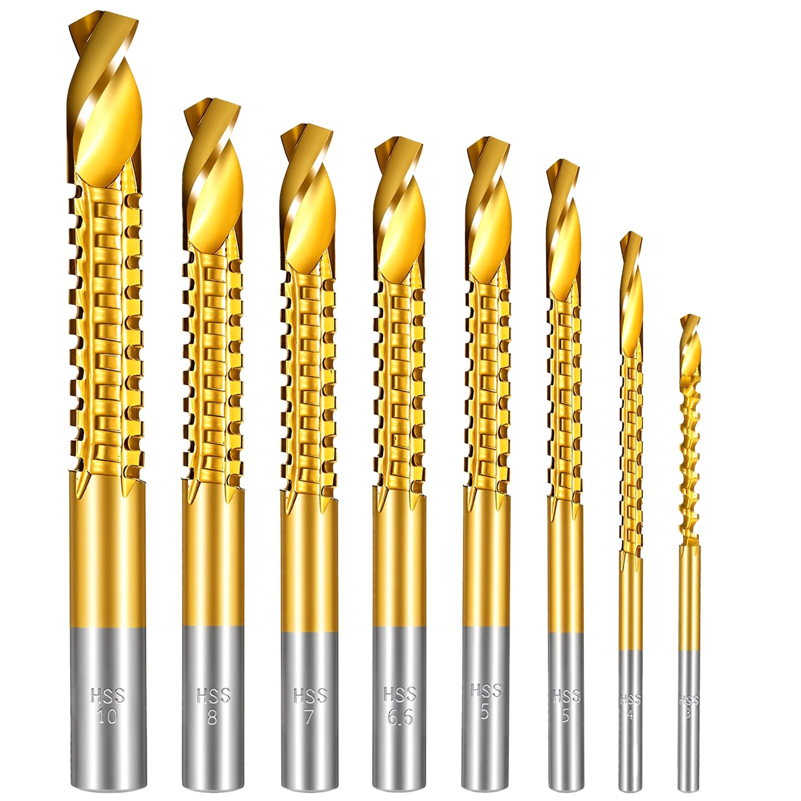 8 Pack Titanium Coated HSS Twist Drill Bits, 3-10Mm Serrated Side Cutting Drill
