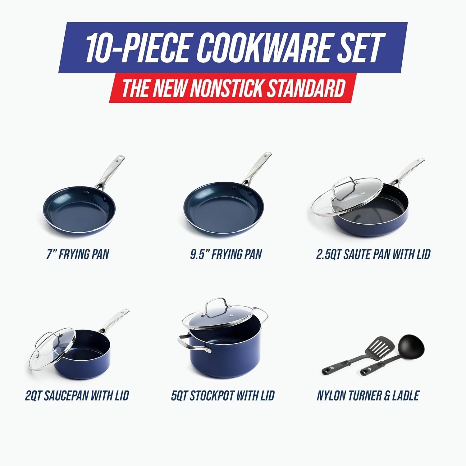 Blue Diamond 14 Piece Nonstick Cookware Set, Oven & Broiler to 600F, Blue