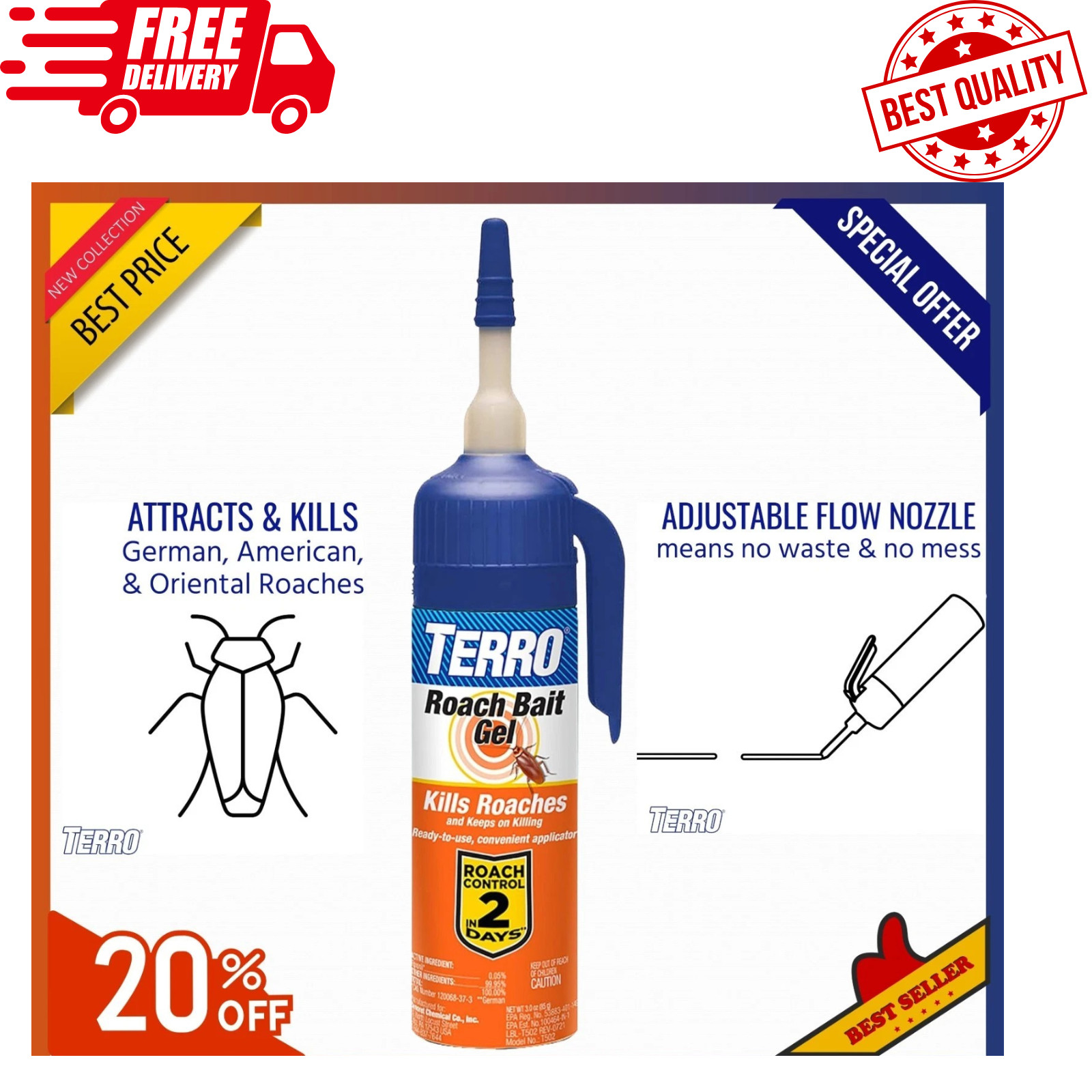 Terro T502 Roach Killer Gel – 3 oz Bait for German, Oriental & American Roaches.