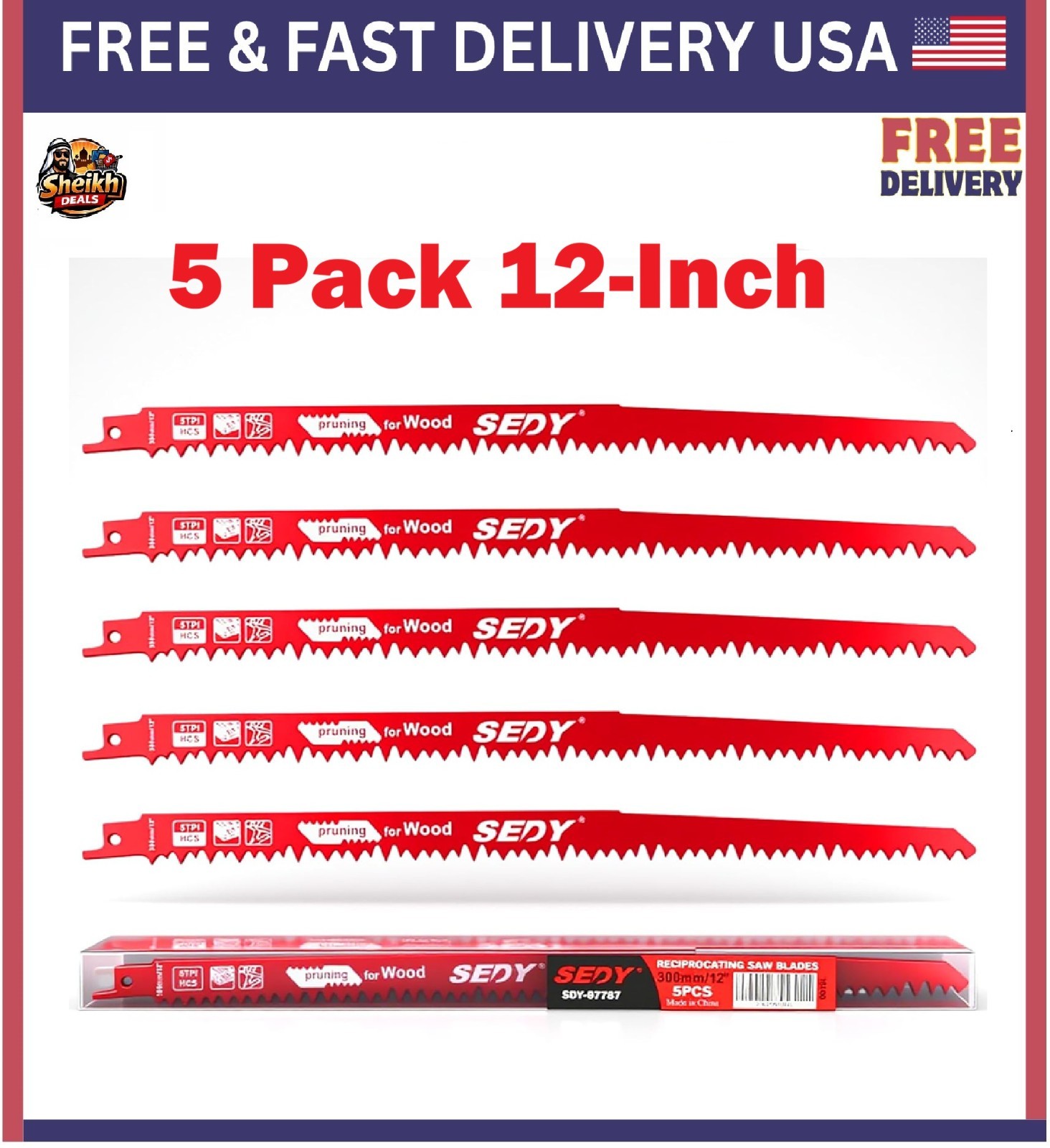 12-Inch Wood Pruning Reciprocating Saw Blades 5TPI for Tree Trimming (5 Pack)USA